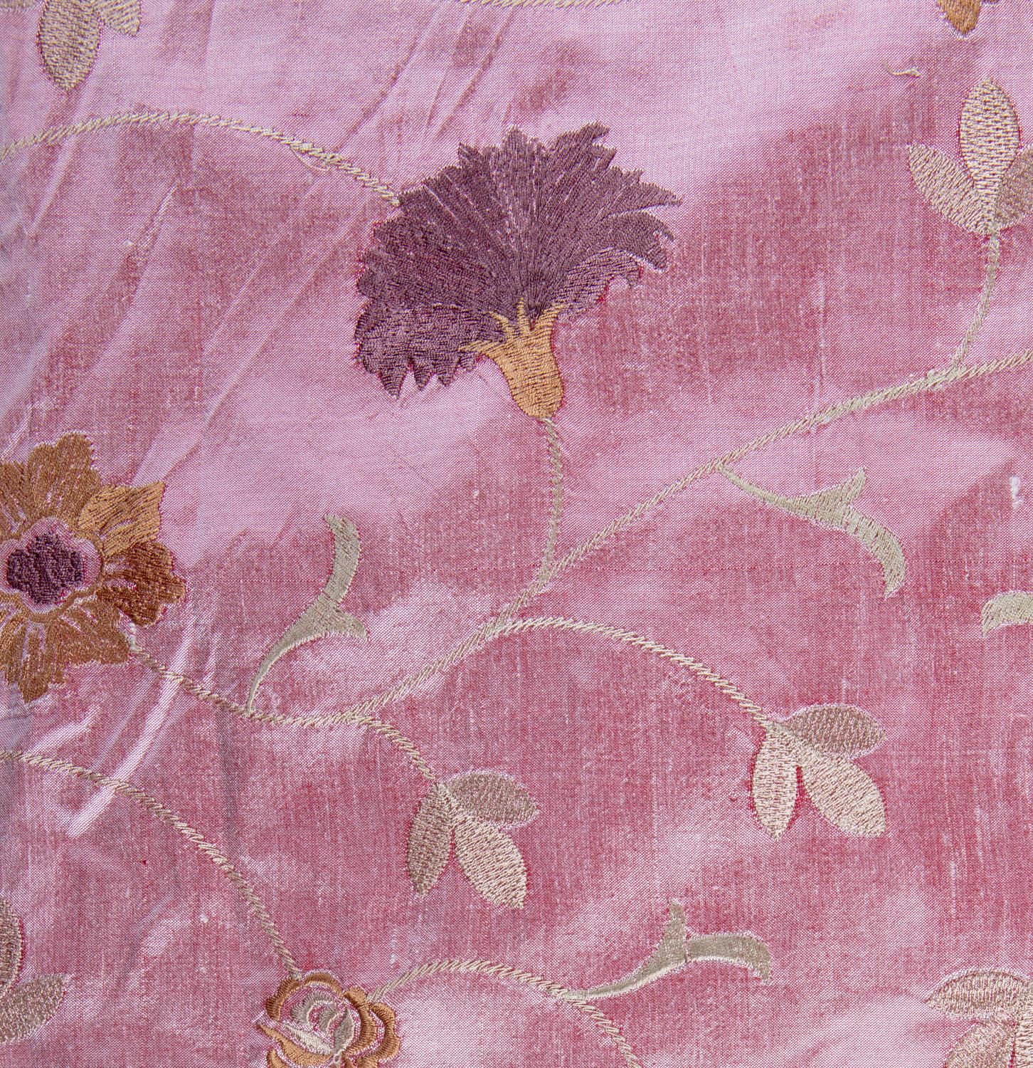 Anglo-Indian Dusty Rose Dupioni Silk, Finely Woven Hand Embroidered Designer House Fabric For Sale