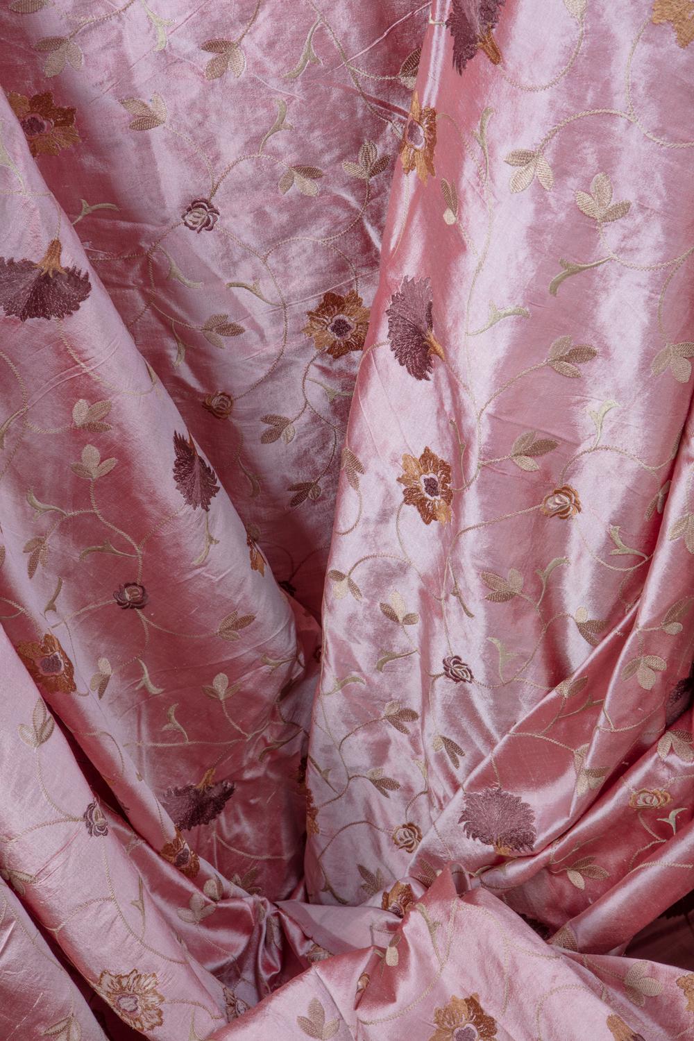 Dusty Rose Dupioni Silk, Finely Woven Hand Embroidered Designer House Fabric For Sale 1