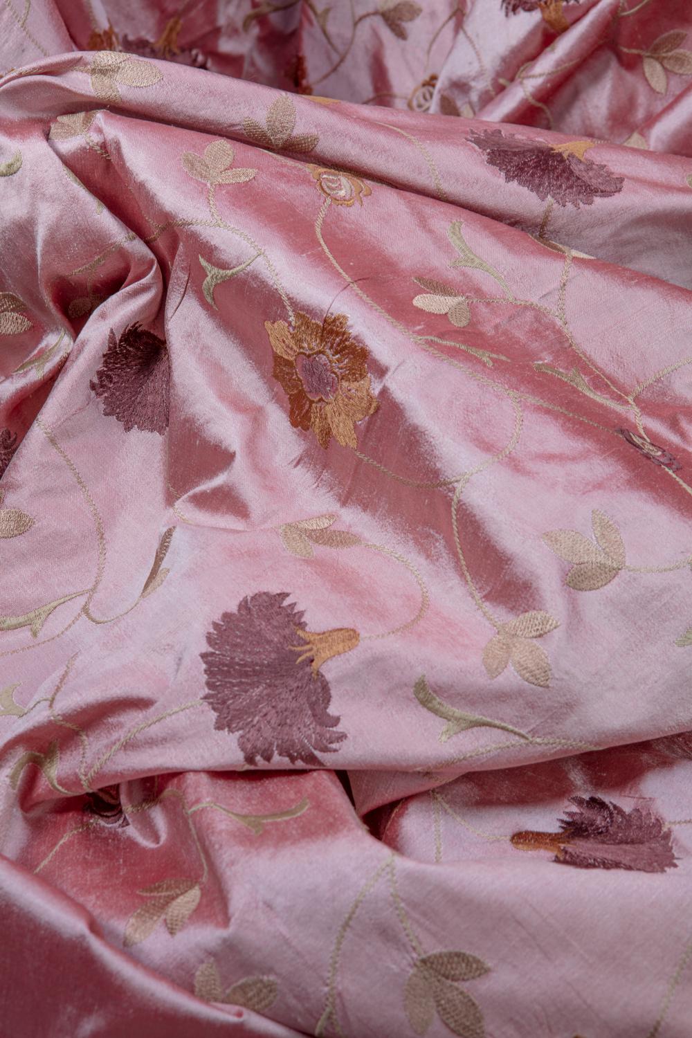 Dusty Rose Dupioni Silk, Finely Woven Hand Embroidered Designer House Fabric For Sale 2