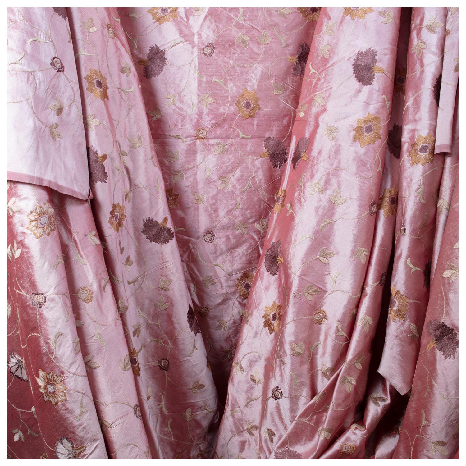 Dusty Rose Dupioni Silk, Finely Woven Hand Embroidered Designer House Fabric For Sale