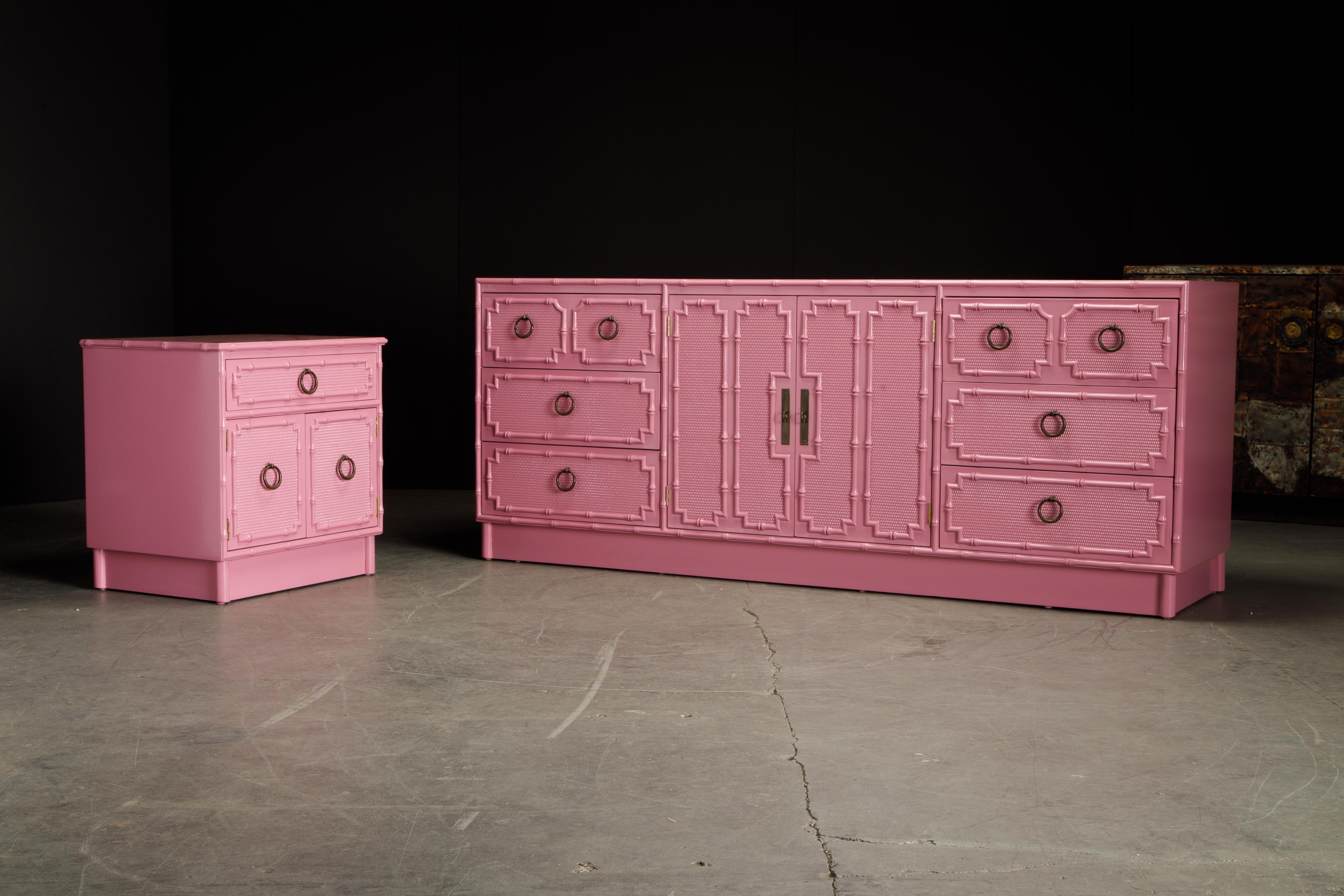 This gorgeous newly restored Dorothy Draper styled faux bamboo dresser and nightstand was finished in a beautiful dusty rose pink lacquer and features campaign styled patinated brass pulls and handles. 

This listing is for the dresser and single