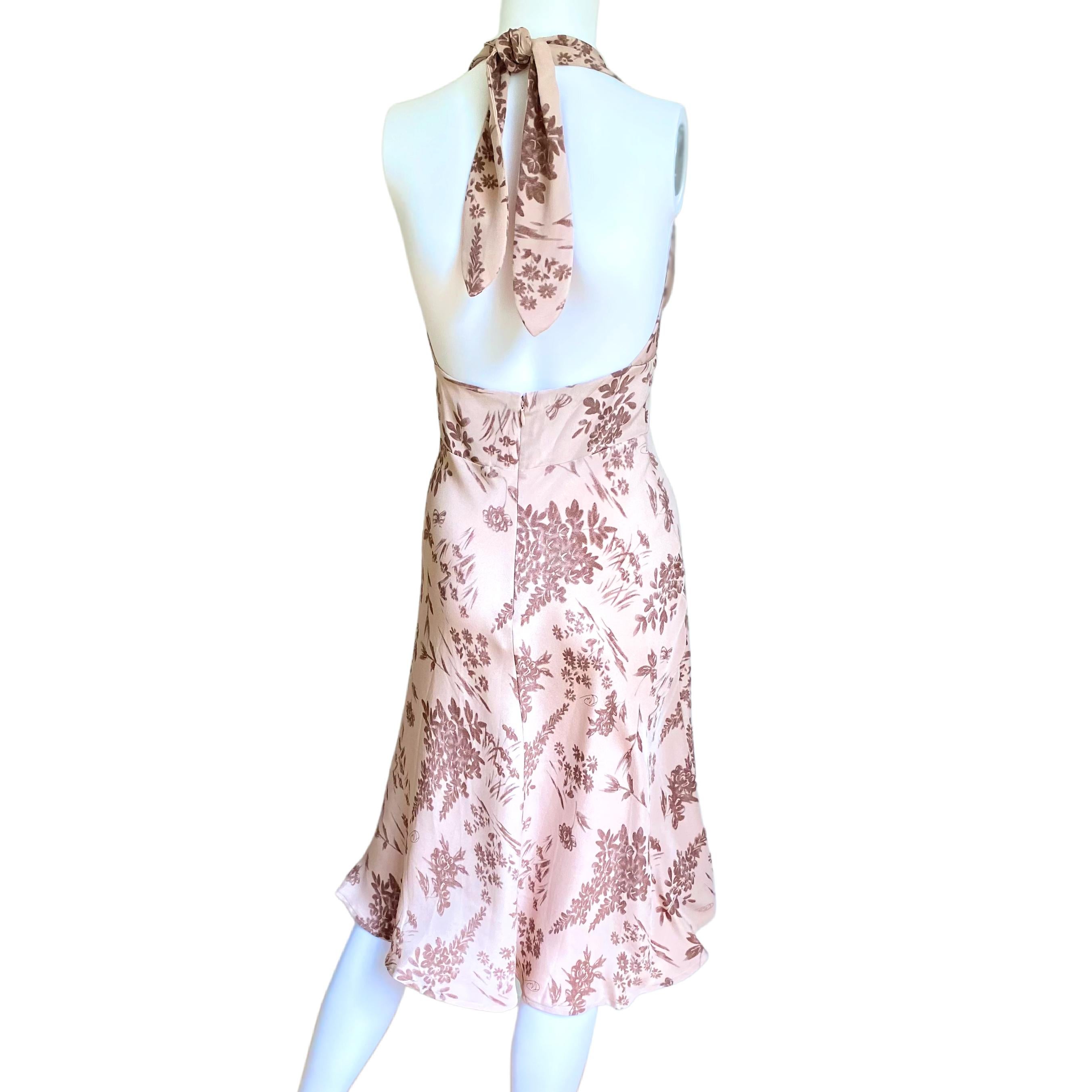 Beige Dusty Rose Silk Crepe Backless printed Halter Midi dress - Flora Kung For Sale