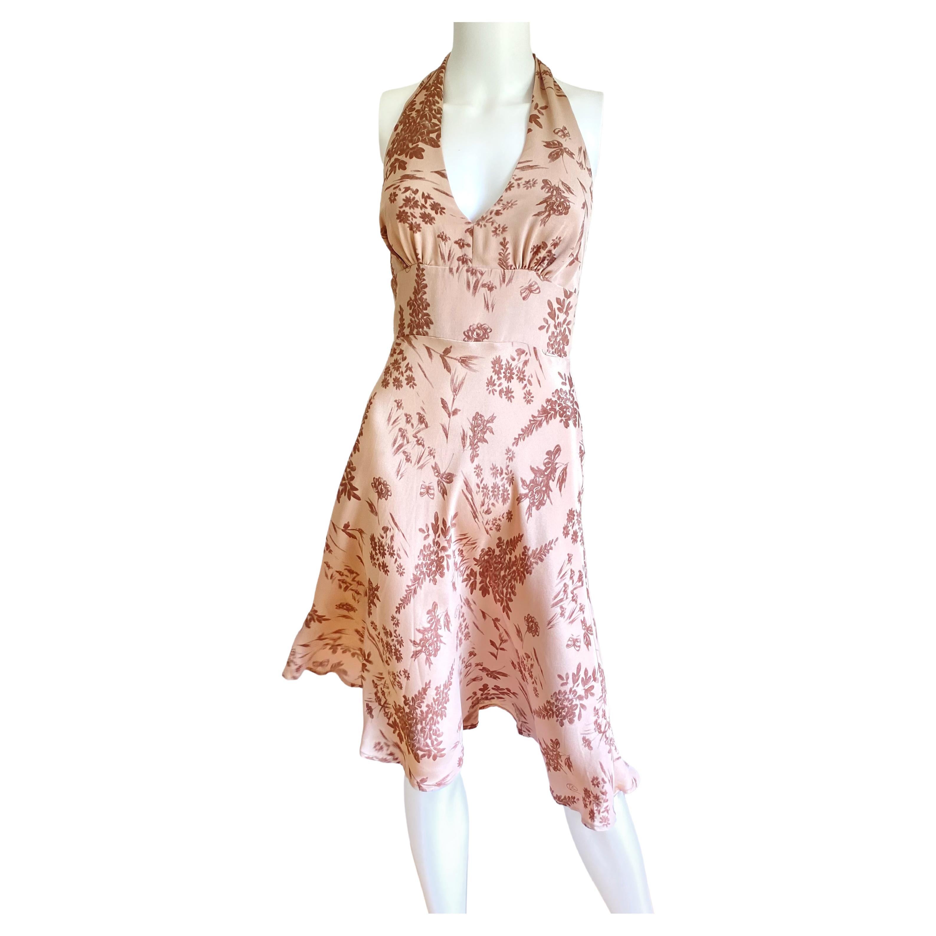Dusty Rose Silk Crepe Backless printed Halter Midi dress - Flora Kung For Sale