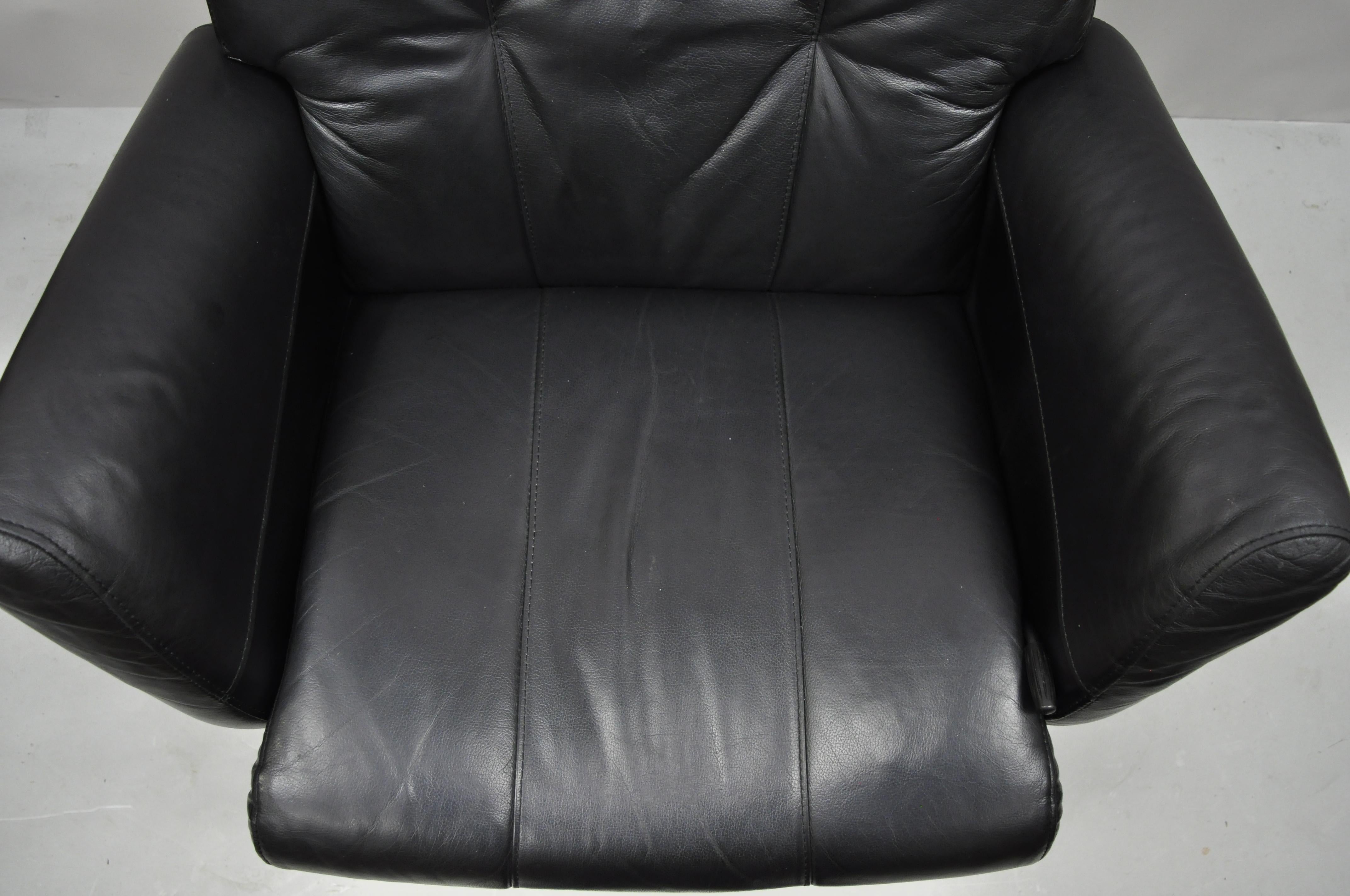 Modern Dutailier Black Leather Avant Glide Glider Swivel Recliner Chair and Ottoman