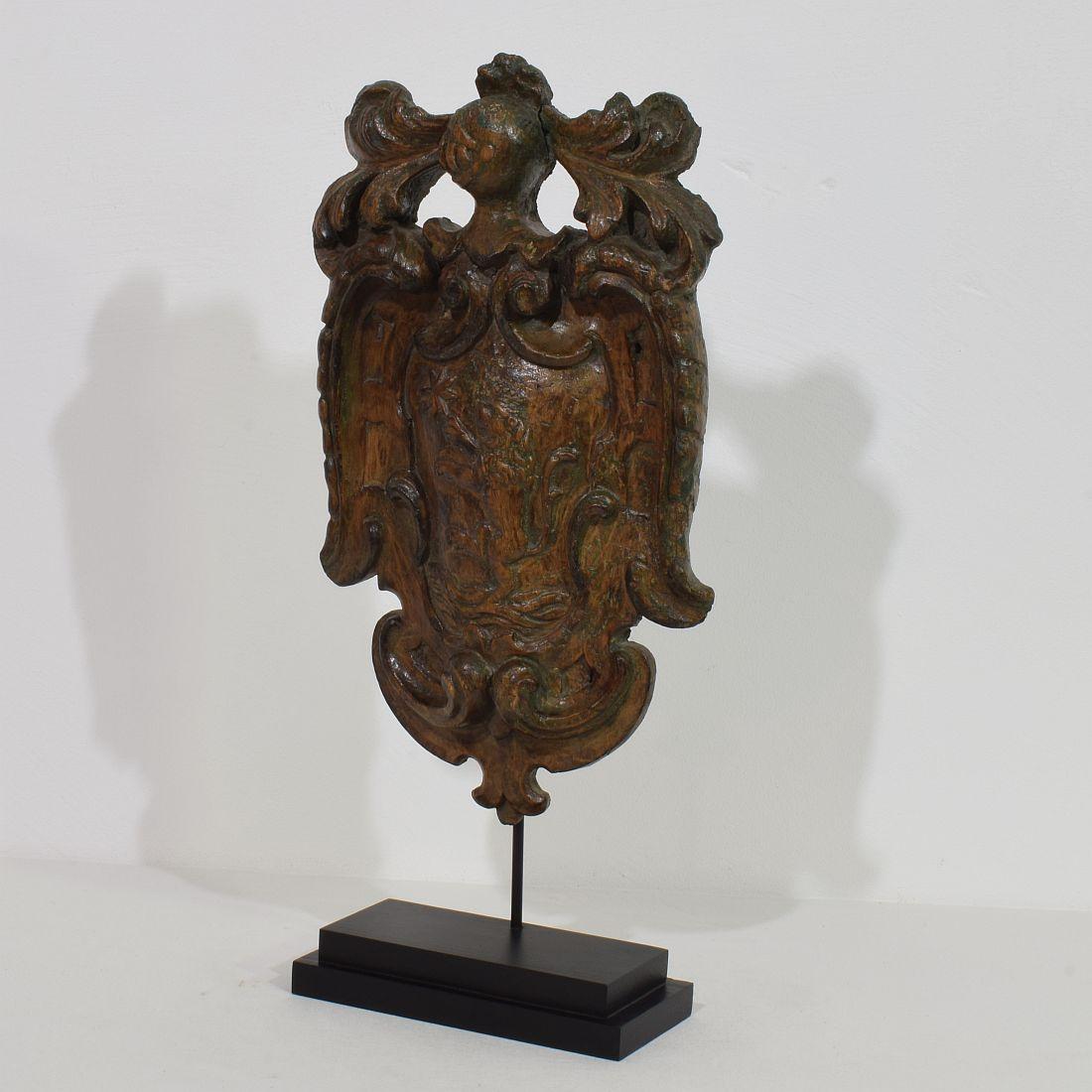 Beautiful and very rare hand carved wooden coat of arms with a crowned lion standing on the water reaching to a star.
 The Netherlands, circa 1650- 1750. 
Weathered, small losses and old repairs. Measurement includes the base.