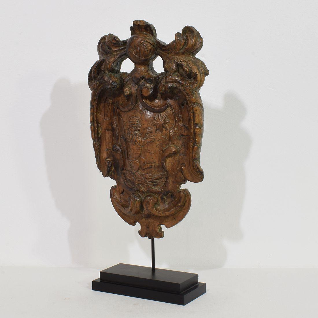 Beautiful and very rare hand carved wooden coat of arms with a crowned lion standing on the water reaching to a star.
 The Netherlands, circa 1650- 1750. 
Weathered, small losses and old repairs. Measurement includes the base.