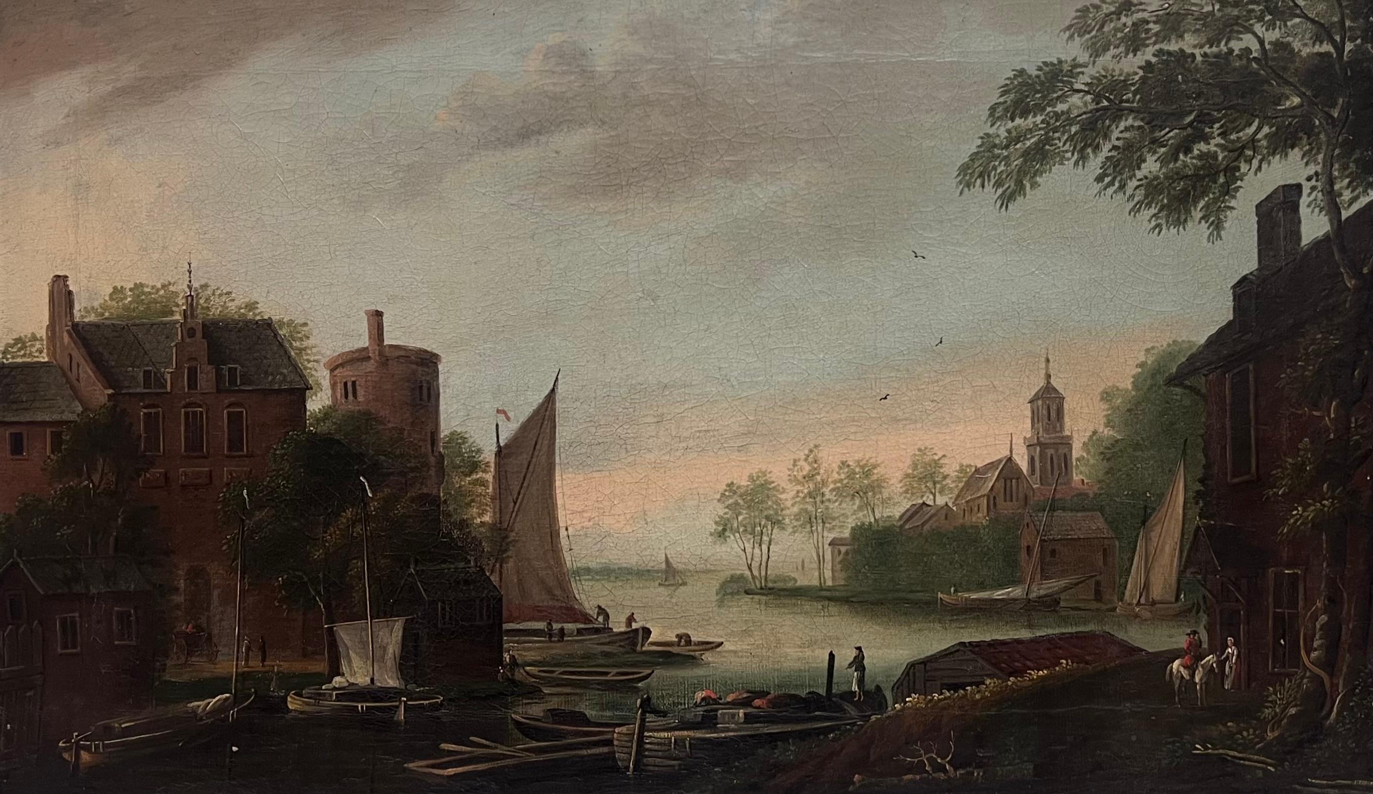 Fine Early 1700's Dutch Oil Painting Merchants in Shipping Port Estuary Fortress - Black Landscape Painting by Dutch 1700's