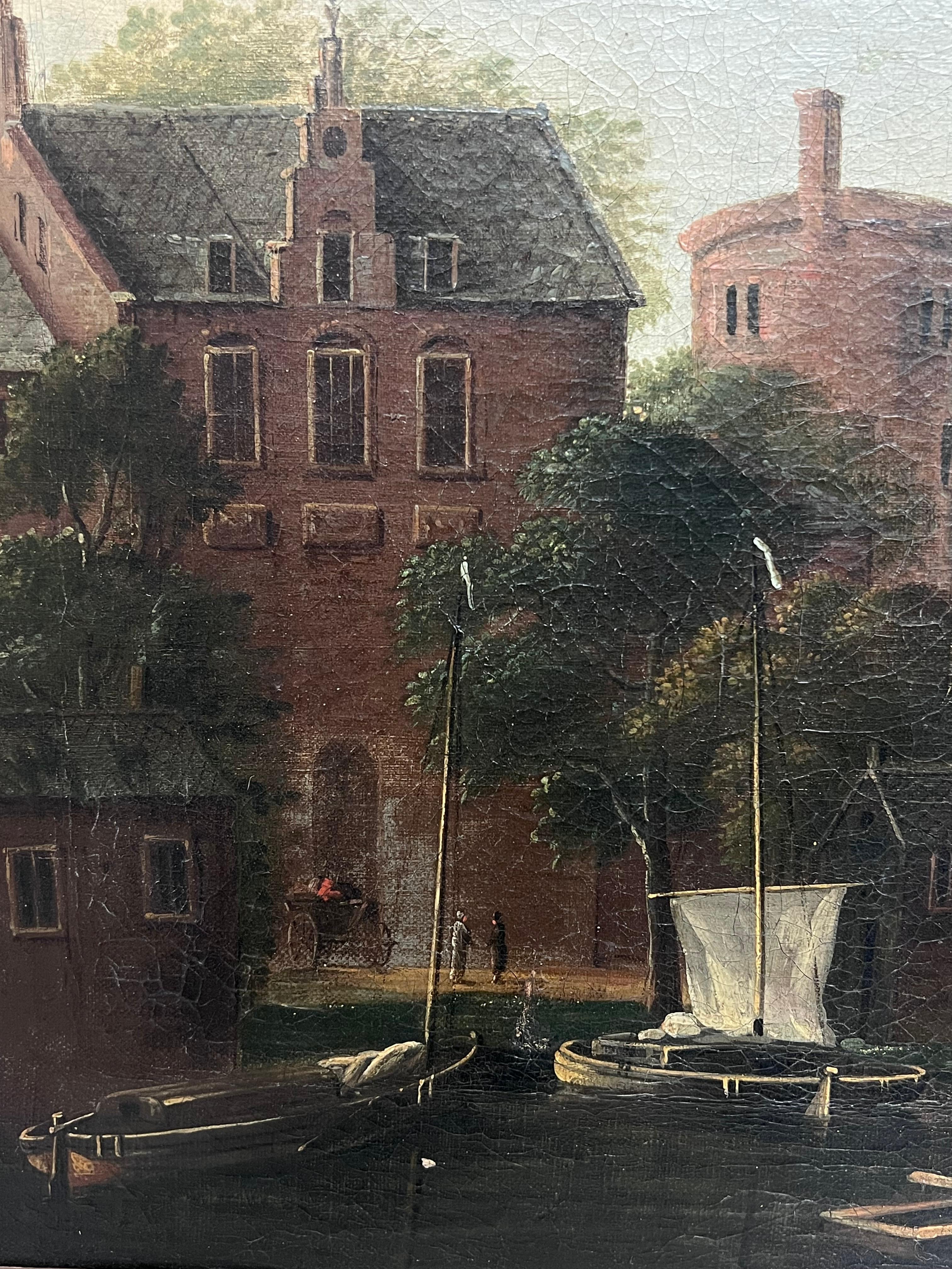 Fine Early 1700's Dutch Oil Painting Merchants in Shipping Port Estuary Fortress For Sale 3
