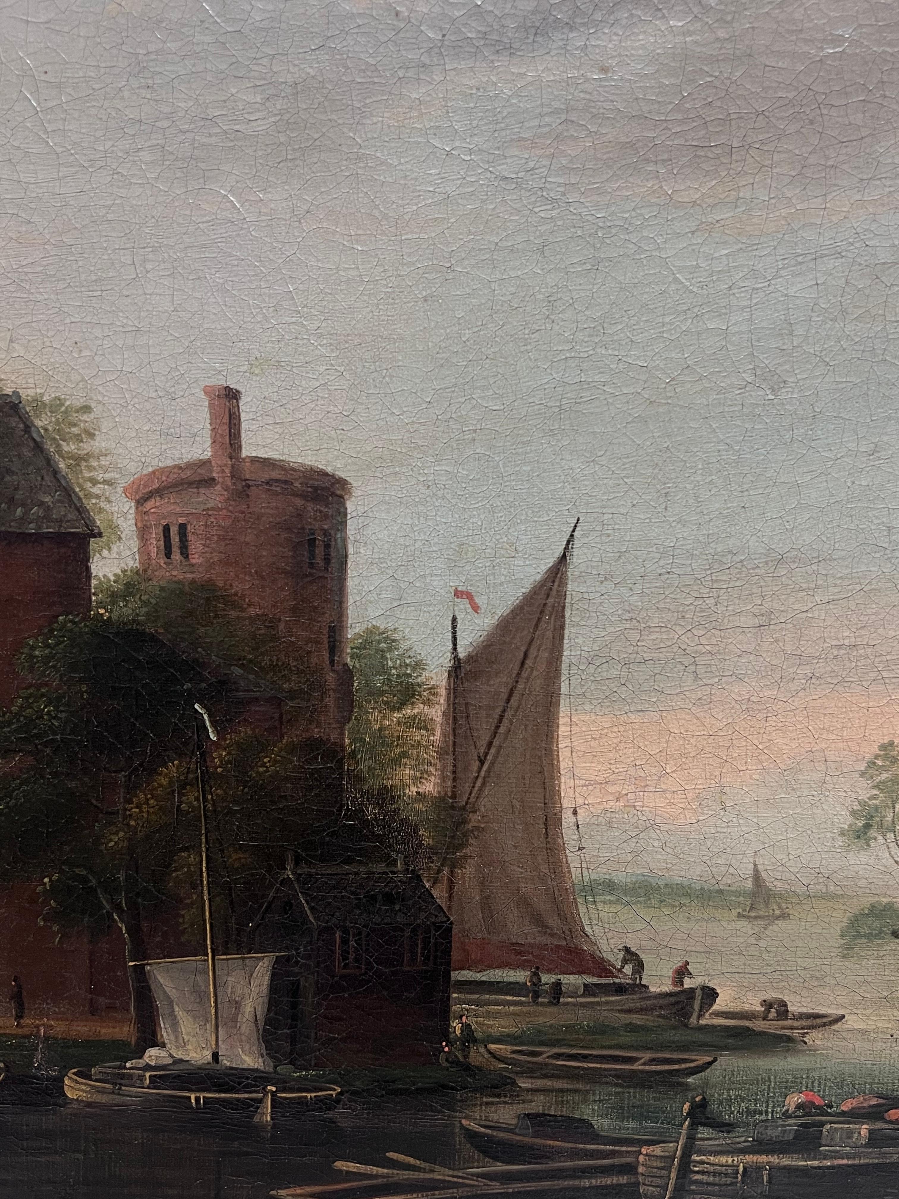 Fine Early 1700's Dutch Oil Painting Merchants in Shipping Port Estuary Fortress For Sale 4
