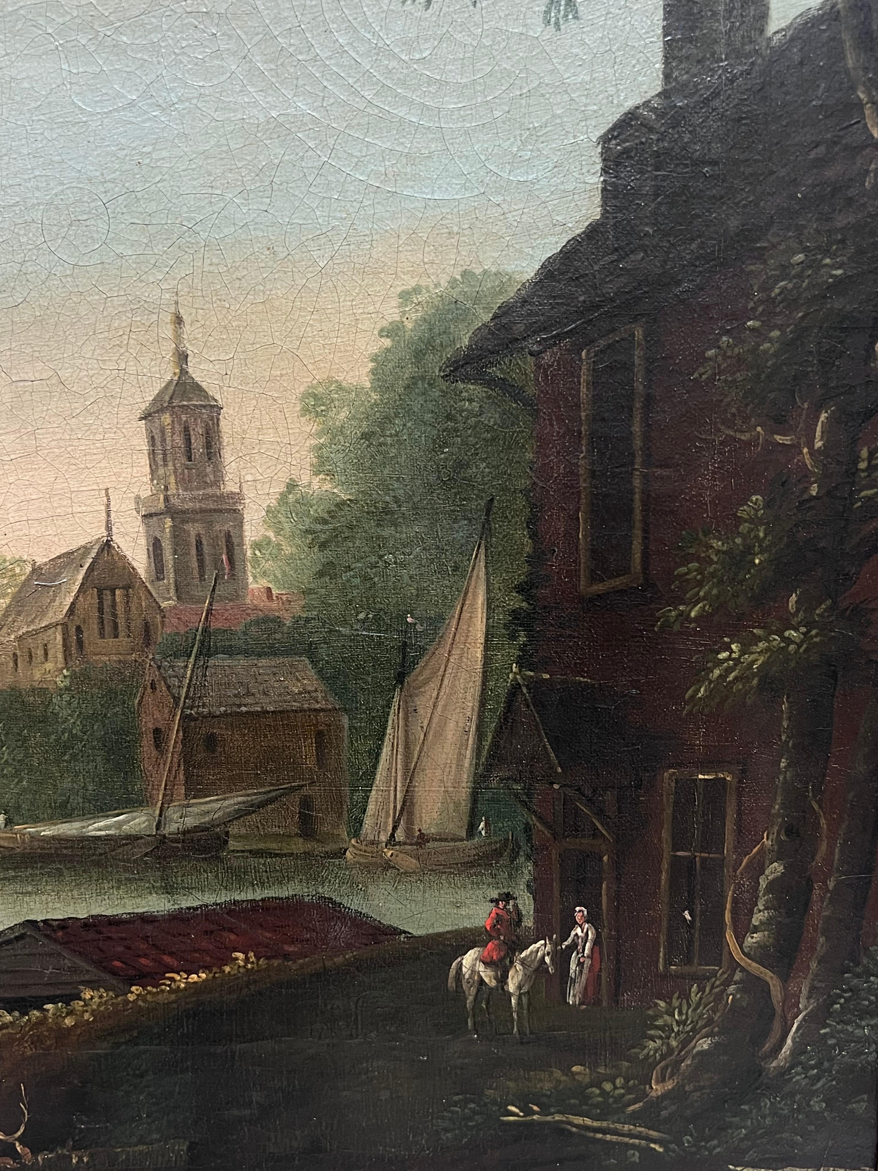 Fine Early 1700's Dutch Oil Painting Merchants in Shipping Port Estuary Fortress For Sale 5