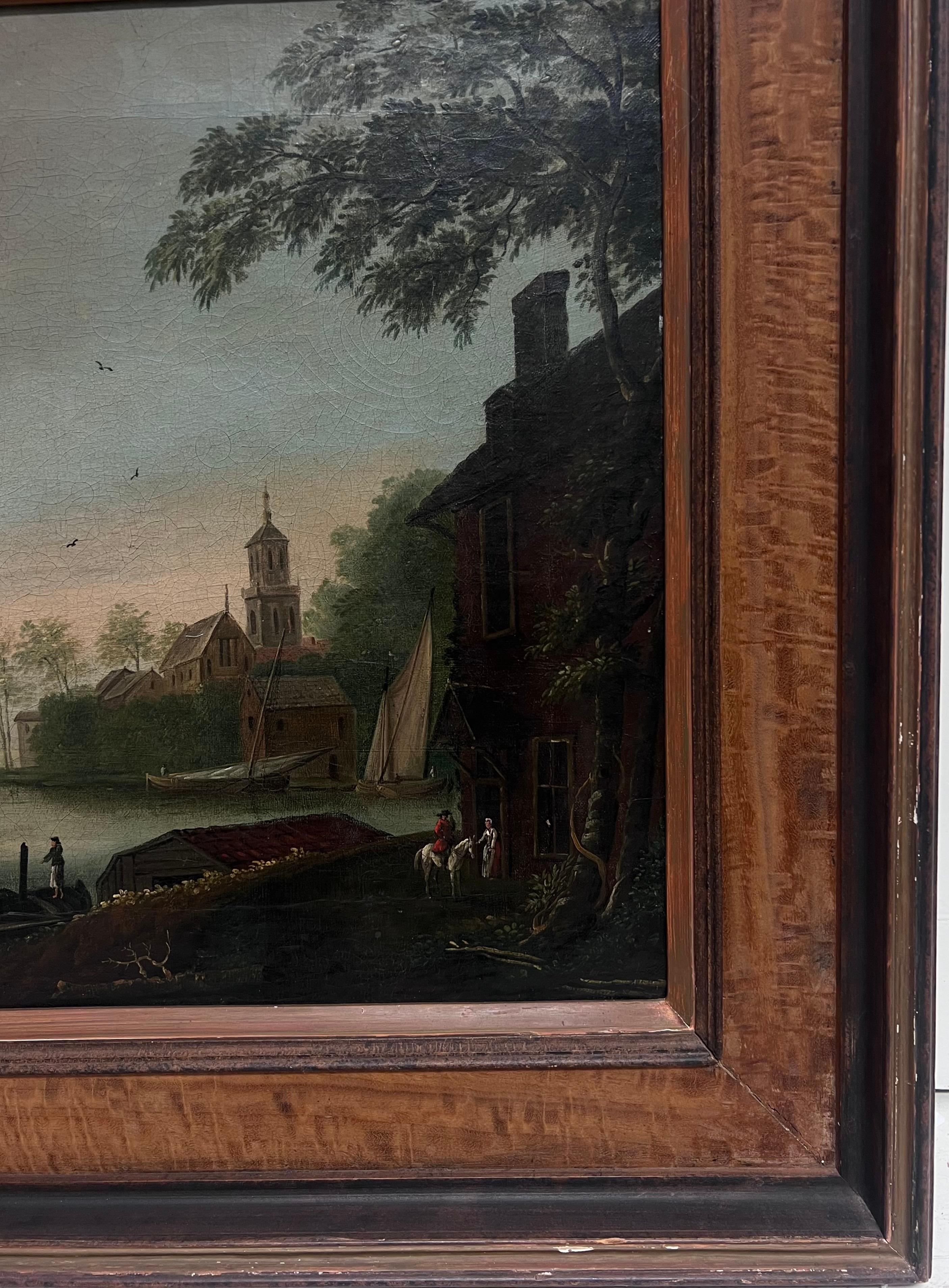 Fine Early 1700's Dutch Oil Painting Merchants in Shipping Port Estuary Fortress For Sale 6