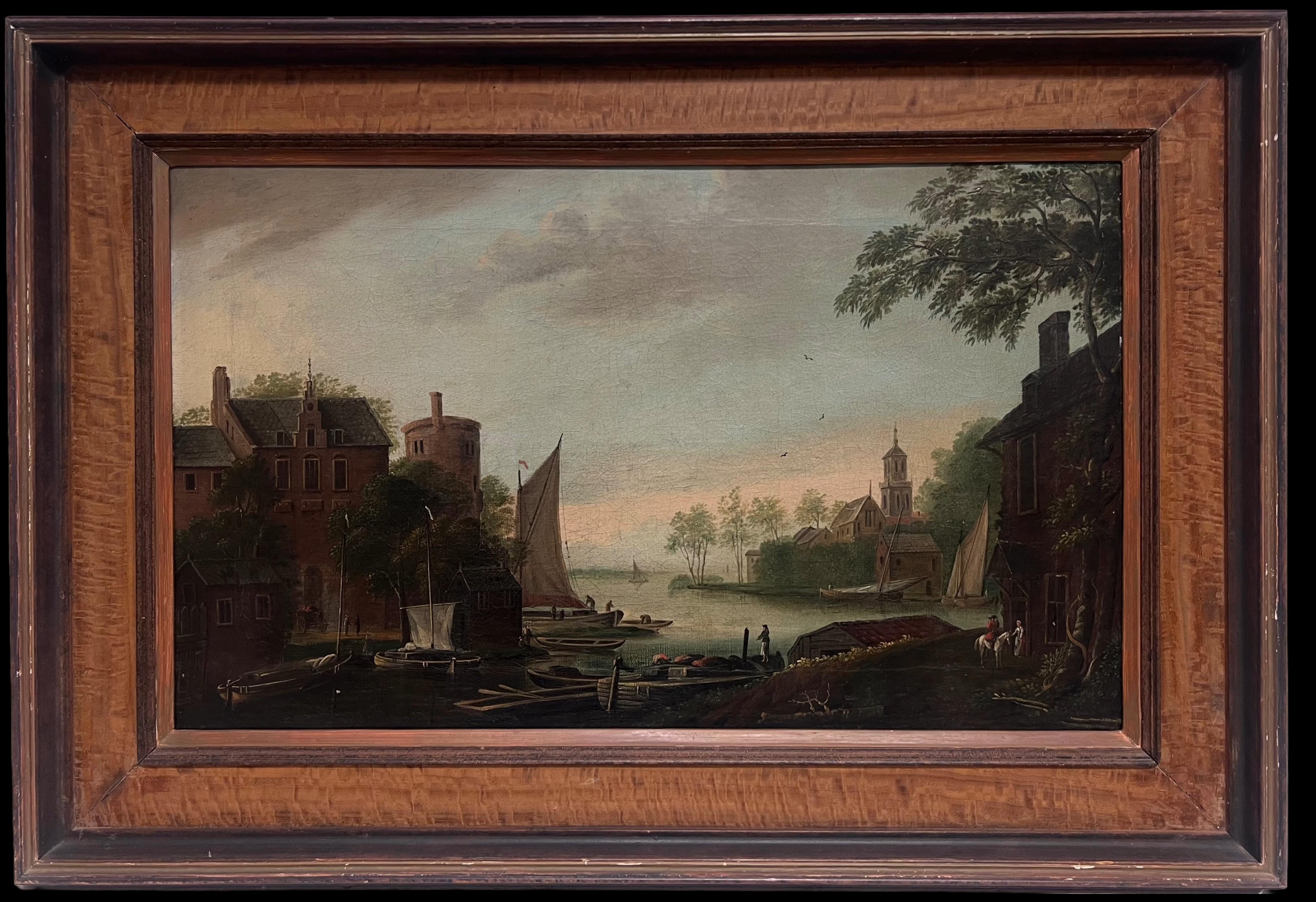 Dutch 1700's Landscape Painting - Fine Early 1700's Dutch Oil Painting Merchants in Shipping Port Estuary Fortress