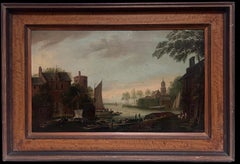Fine Early 1700's Dutch Oil Painting Merchants in Shipping Port Estuary Fortress