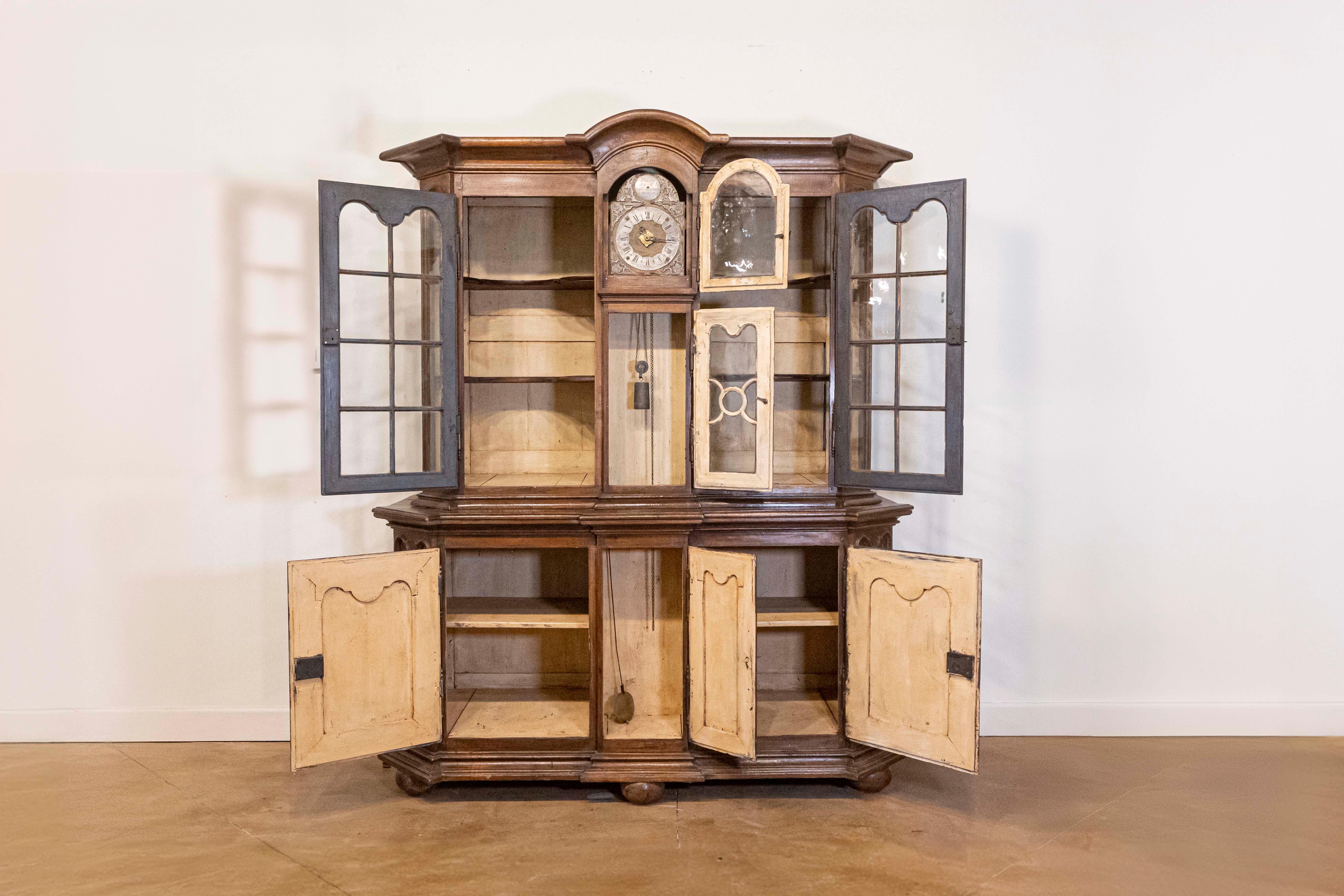Dutch 1793s Carved Oak Buffet À Deux-Corps with Glass Doors and Pewter Clock For Sale 6