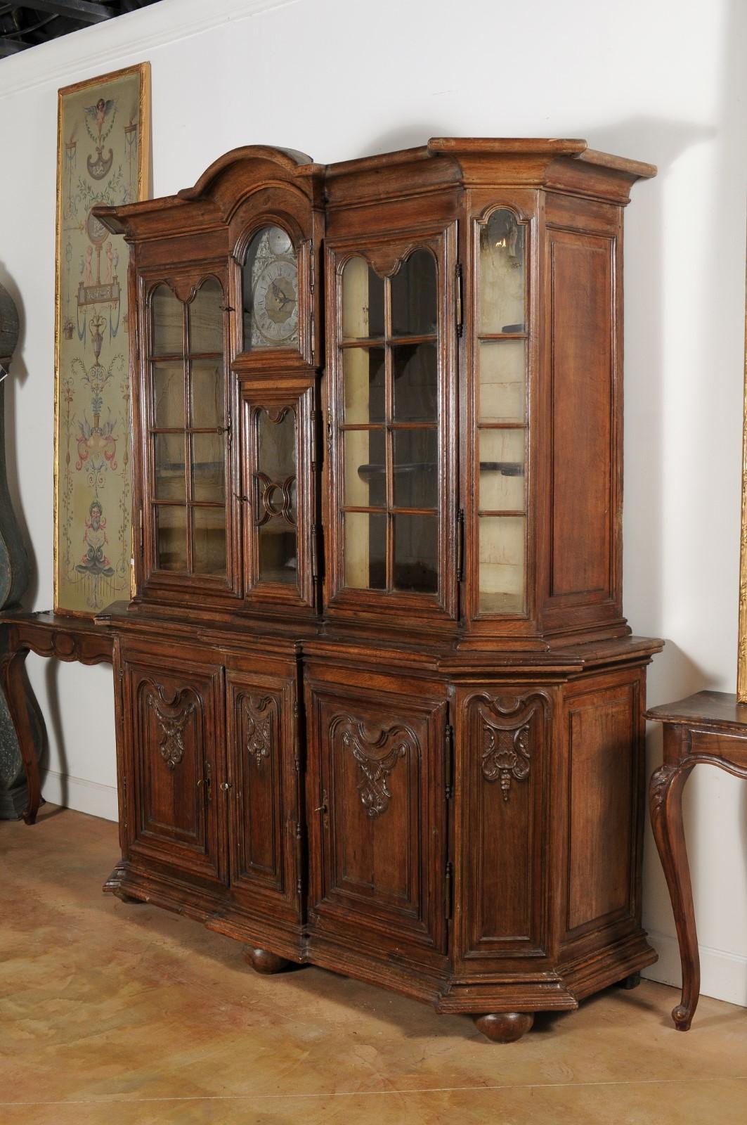 Dutch 1793s Carved Oak Buffet À Deux-Corps with Glass Doors and Pewter Clock For Sale 9
