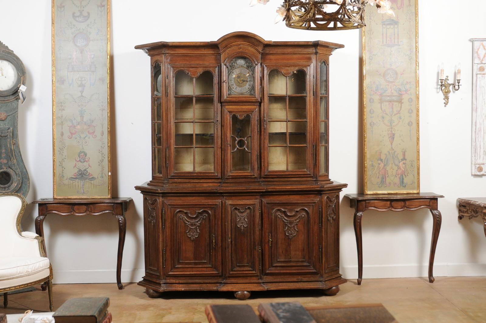 Dutch 1793s Carved Oak Buffet À Deux-Corps with Glass Doors and Pewter Clock For Sale 13