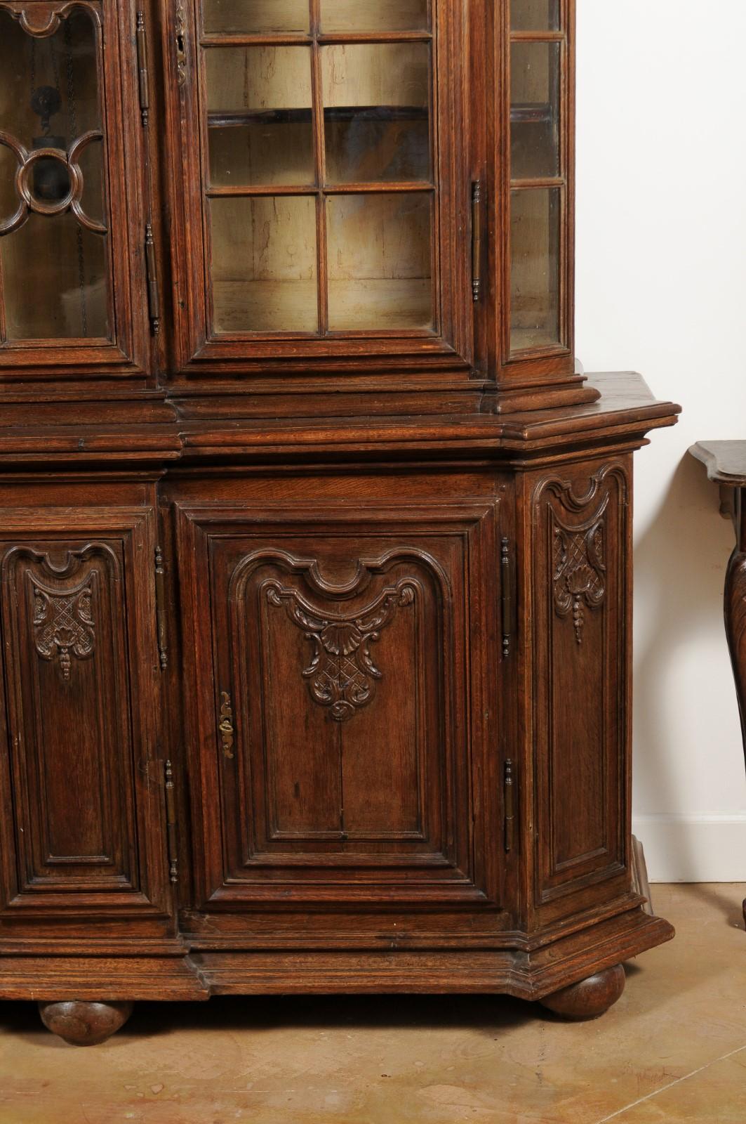 18th Century Dutch 1793s Carved Oak Buffet À Deux-Corps with Glass Doors and Pewter Clock For Sale