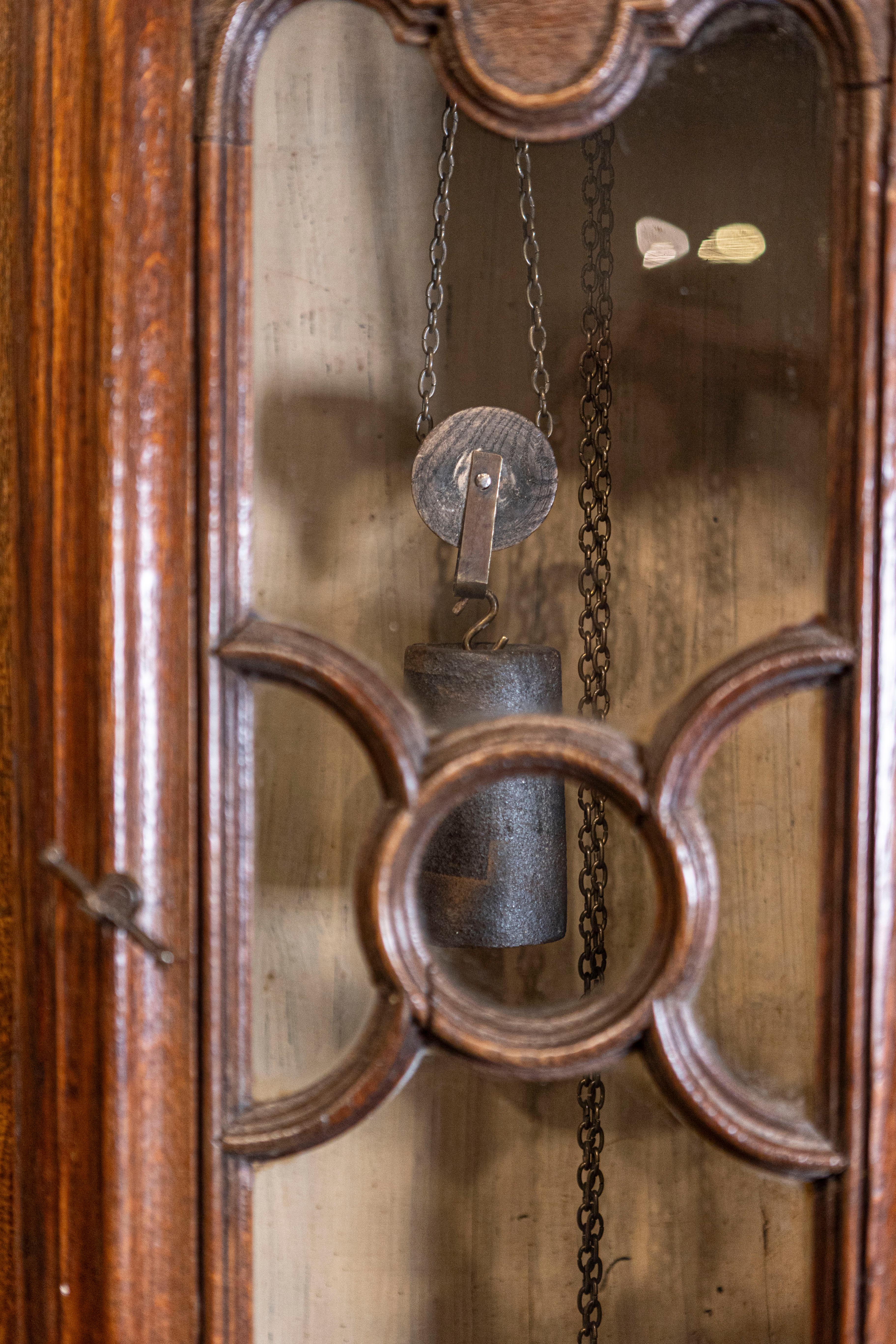 18th Century Dutch 1793s Carved Oak Buffet À Deux-Corps with Glass Doors and Pewter Clock For Sale
