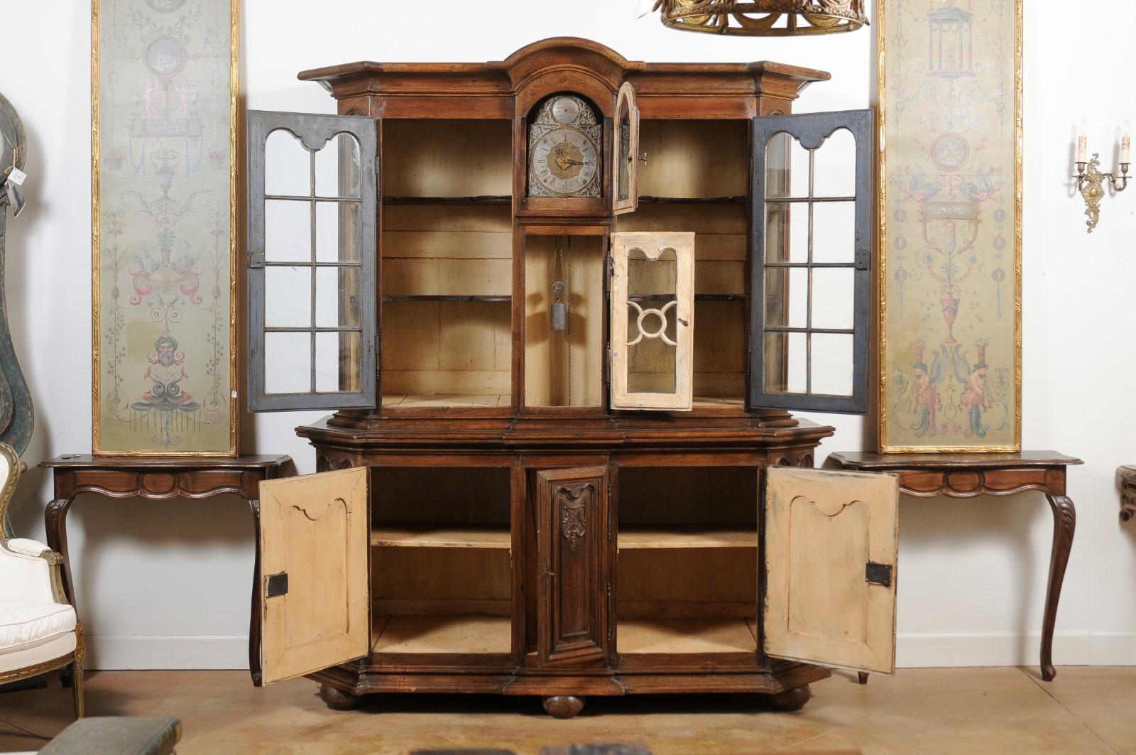 Dutch 1793s Carved Oak Buffet À Deux-Corps with Glass Doors and Pewter Clock For Sale 2