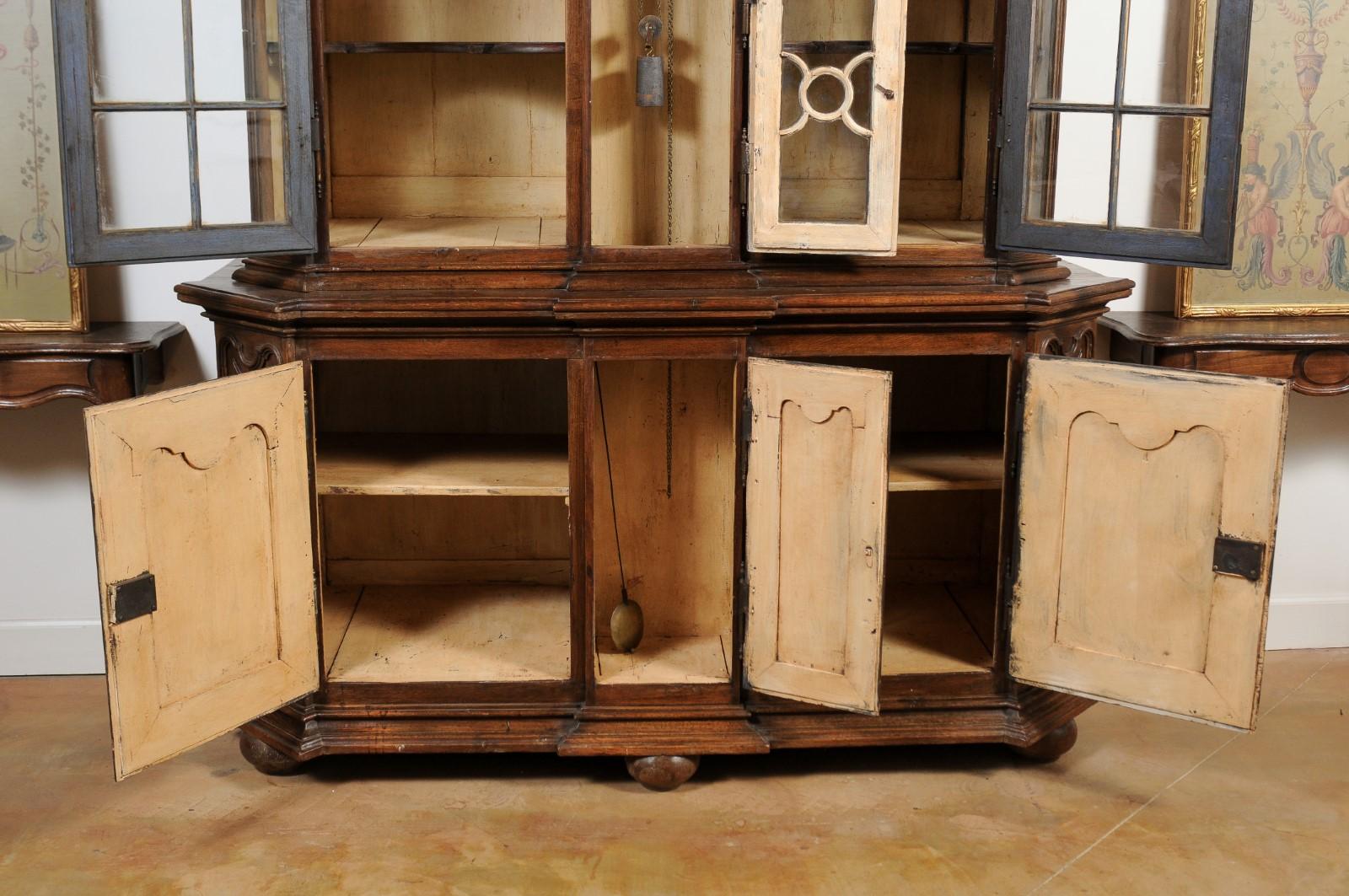 Dutch 1793s Carved Oak Buffet À Deux-Corps with Glass Doors and Pewter Clock For Sale 5