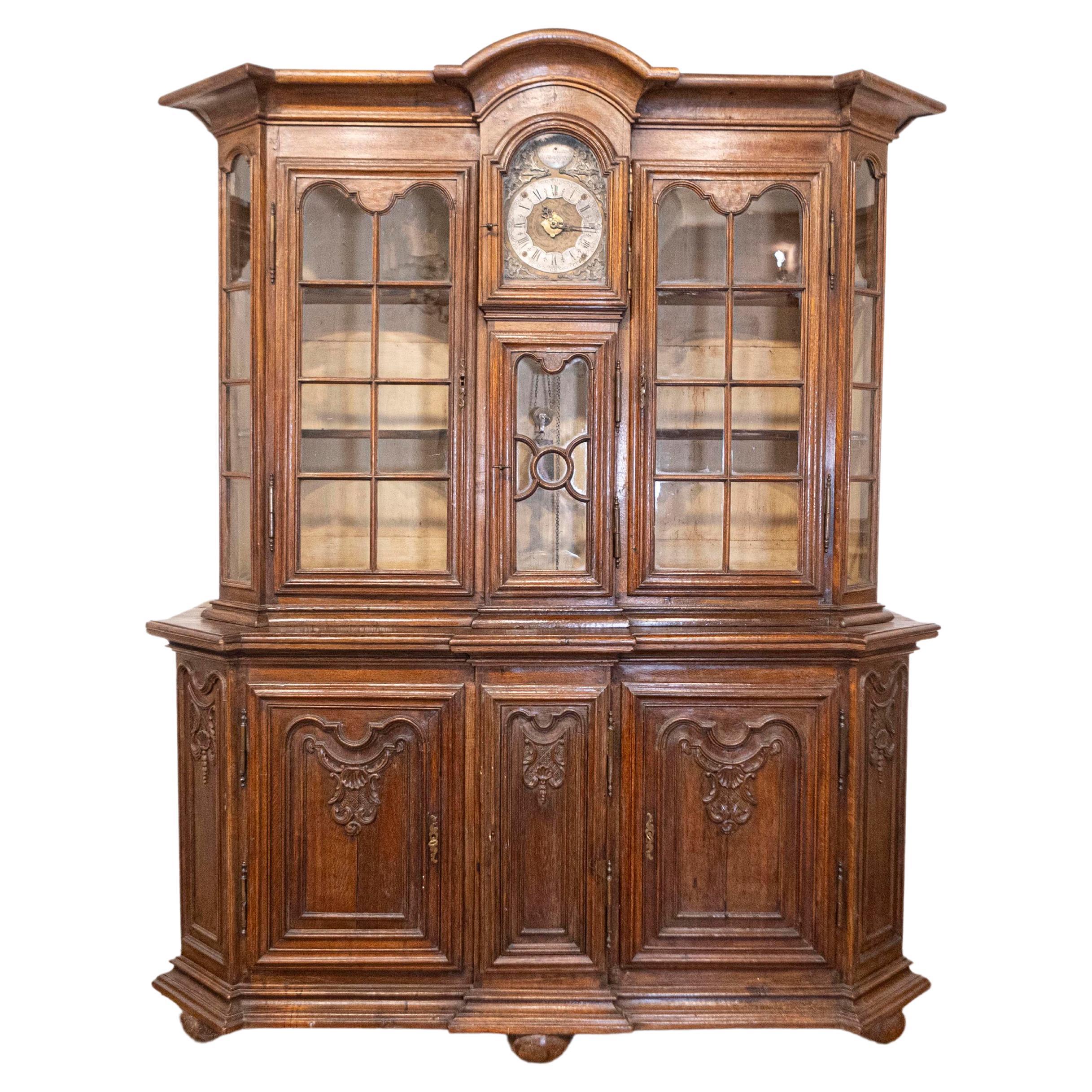 Dutch 1793s Carved Oak Buffet À Deux-Corps with Glass Doors and Pewter Clock