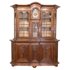 Antique Dutch 1793s Carved Oak Buffet À Deux-Corps with Glass Doors and Pewter Clock