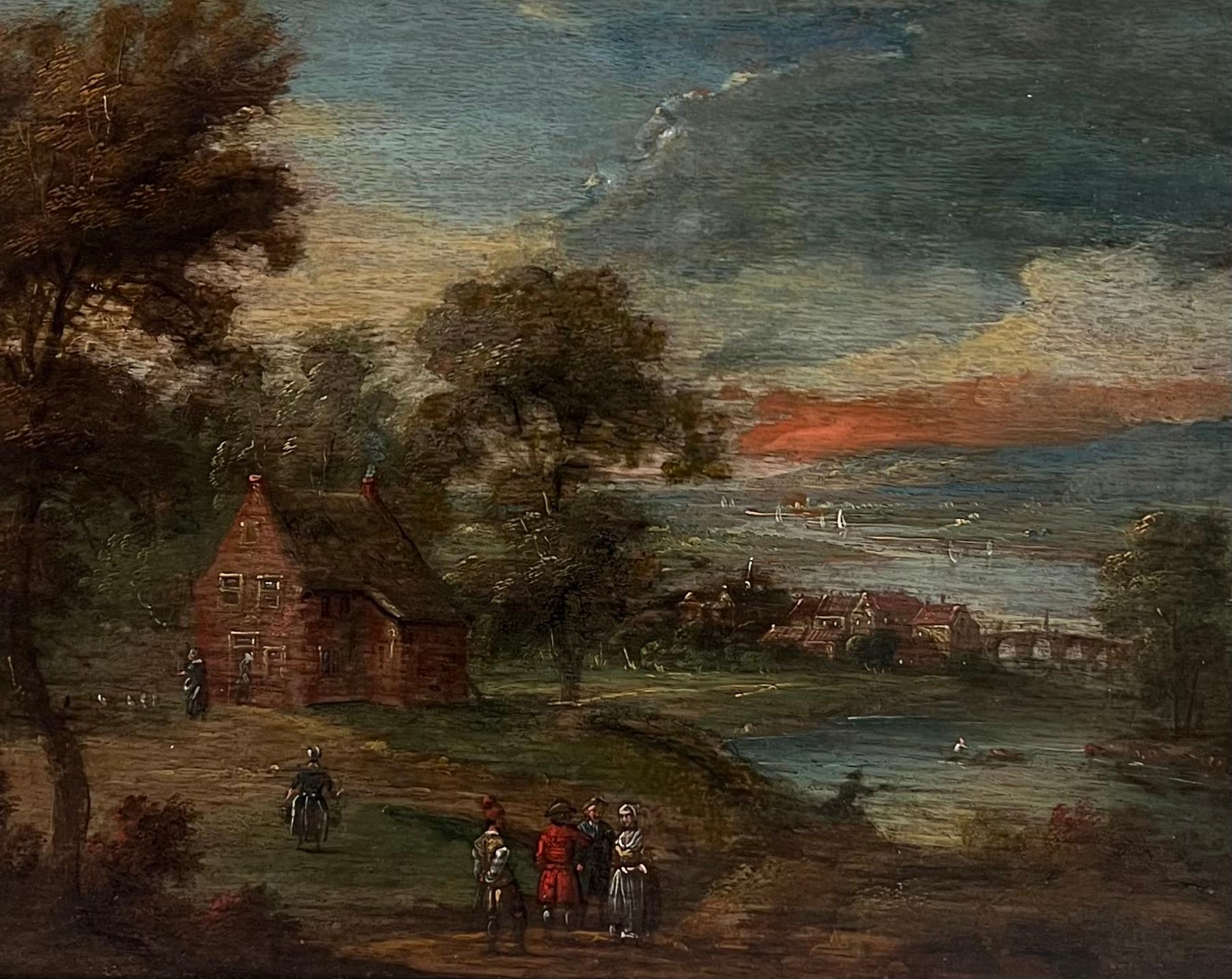 Niederländisches Ölgemälde aus dem 17. Jahrhundert Figuren vor einem Gebäude in einer antiken Landschaft – Painting von Dutch 17th Century