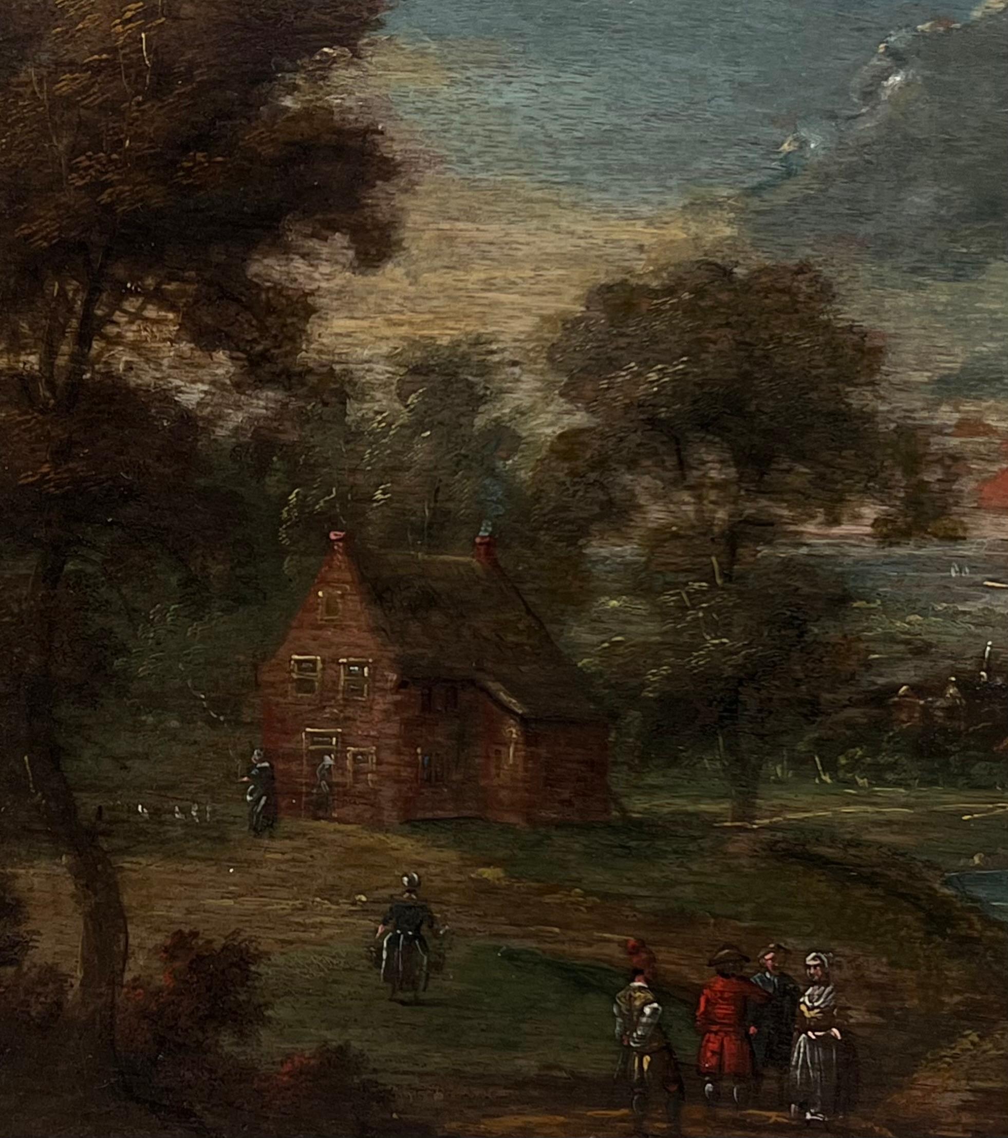 Niederländisches Ölgemälde aus dem 17. Jahrhundert Figuren vor einem Gebäude in einer antiken Landschaft (Braun), Figurative Painting, von Dutch 17th Century