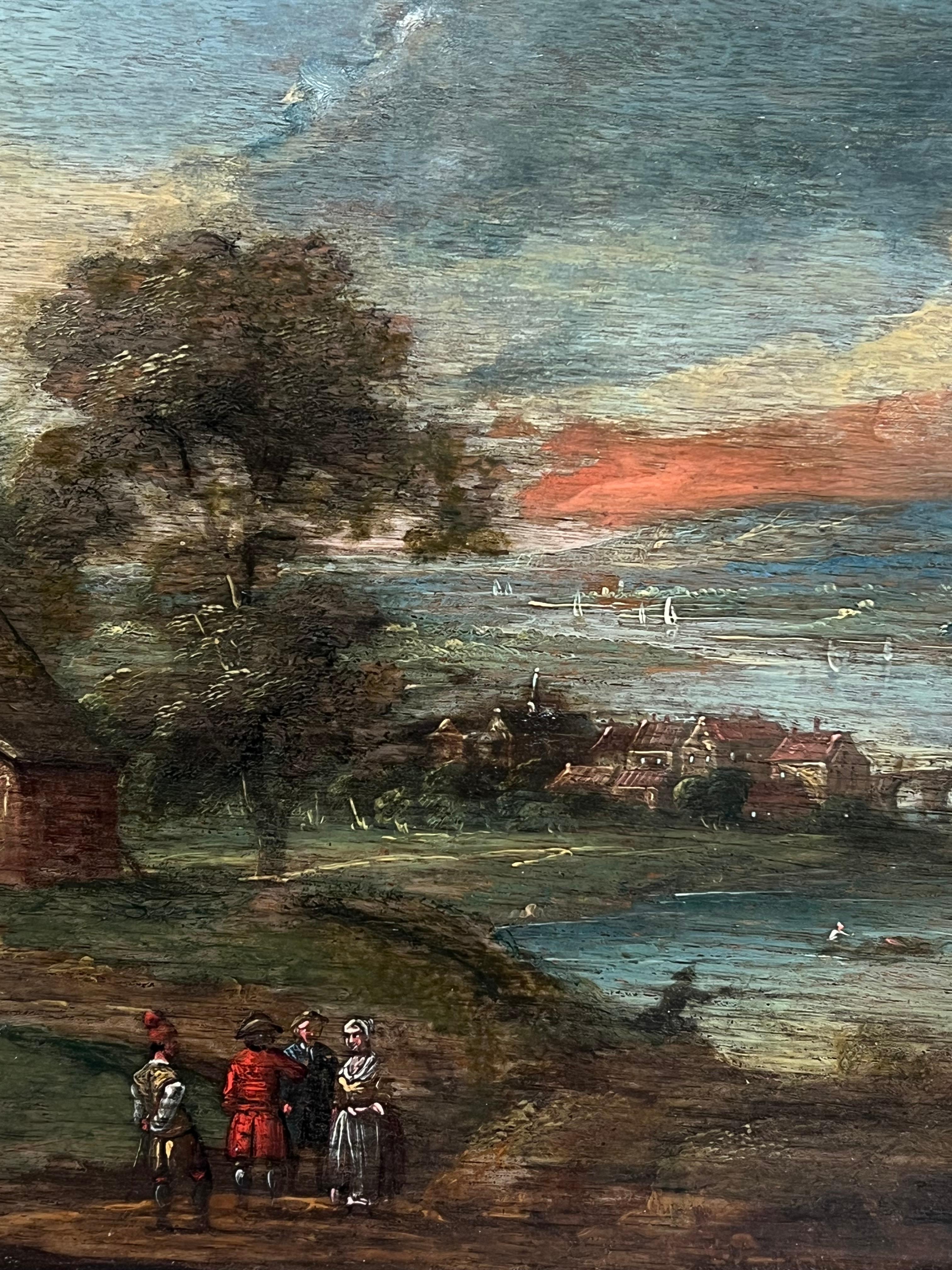 Niederländisches Ölgemälde aus dem 17. Jahrhundert Figuren vor einem Gebäude in einer antiken Landschaft im Angebot 1