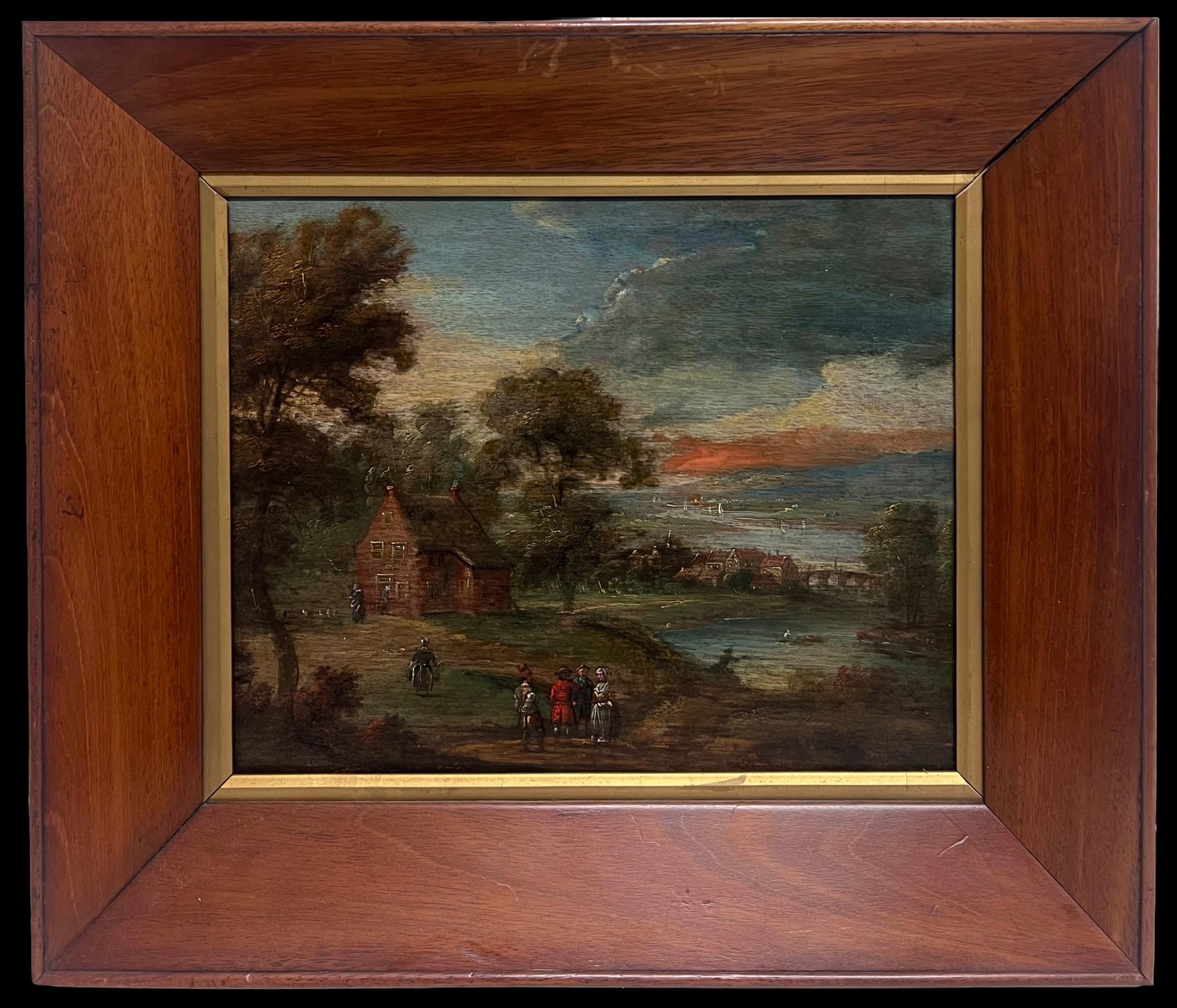 Dutch 17th Century Figurative Painting – Niederländisches Ölgemälde aus dem 17. Jahrhundert Figuren vor einem Gebäude in einer antiken Landschaft