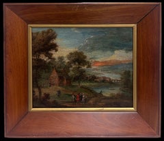 17th Century Dutch Oil Painting Figures outside Building in Ancient Landscape