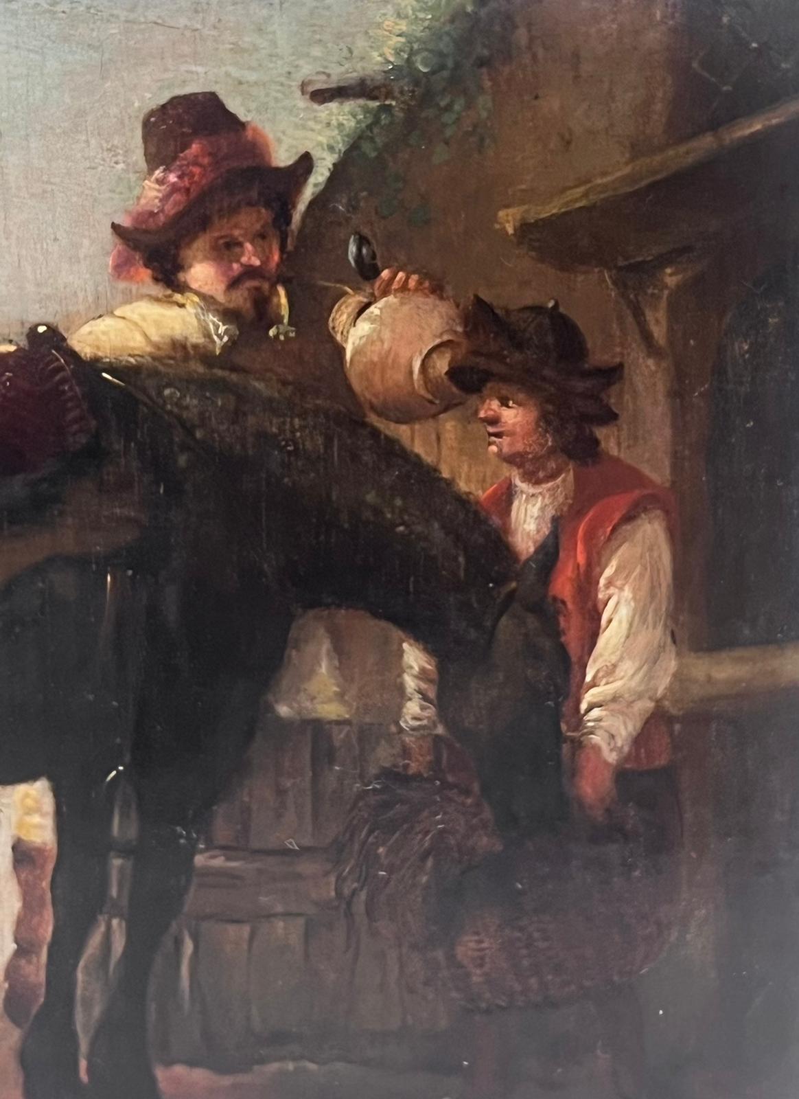 Belle peinture à l'huile hollandaise du 17e siècle sur panneau de bois Cheval et personnages au repos - Maîtres anciens Painting par Dutch 17th Century