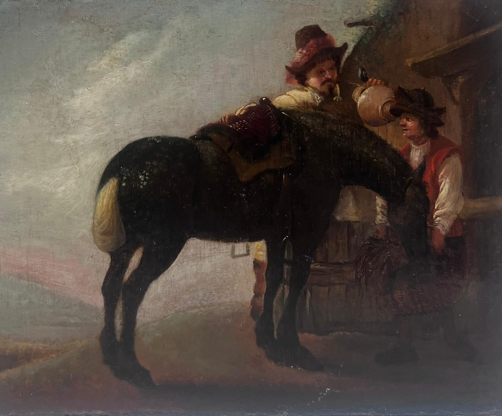Dutch 17th Century Animal Painting – Niederländisches Ölgemälde des 17. Jahrhunderts auf Holztafel, Pferd und ruhende Figuren, Ölgemälde