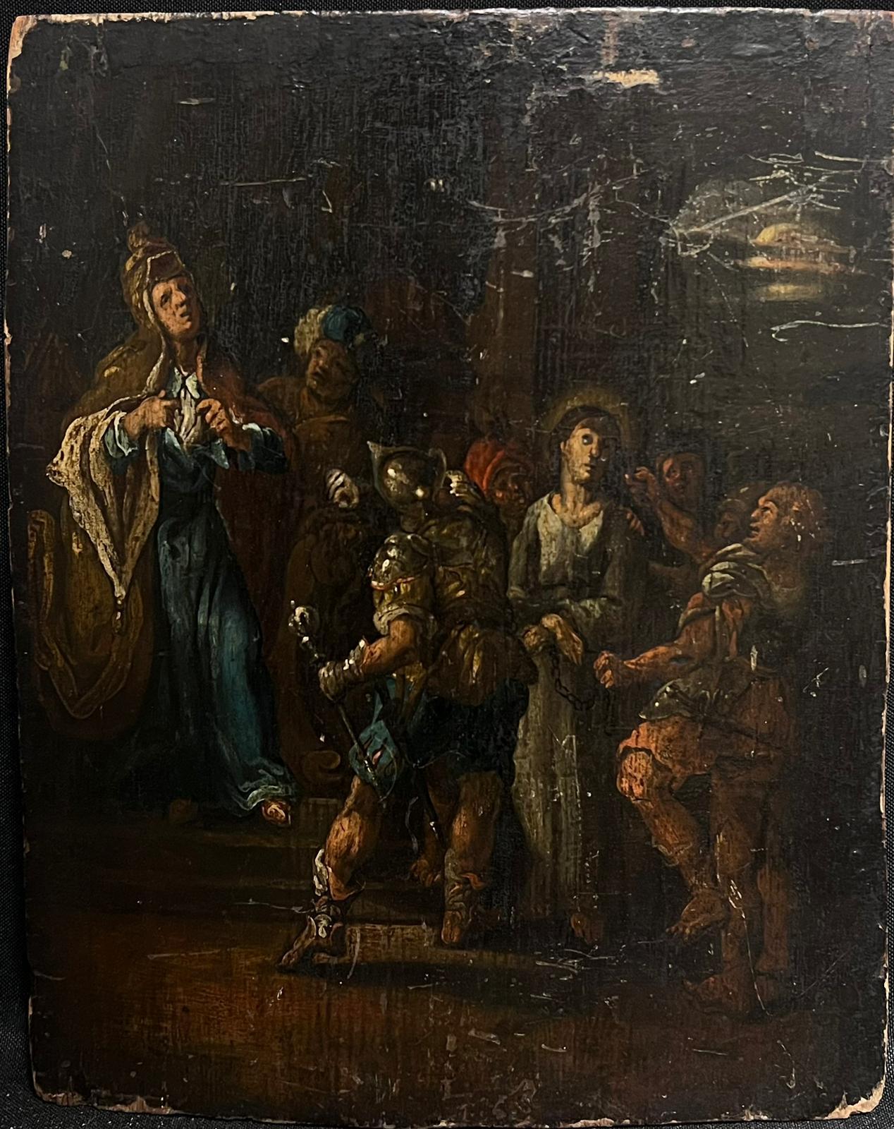 The Trial of Christ
Dutch Old Master, 17th century
oil on panel, unframed
panel: 11 x 7.5 inches
provenance: private collection, England, 
Christies auction stencil marks verso
condition: several surface scratches but overall good and sound