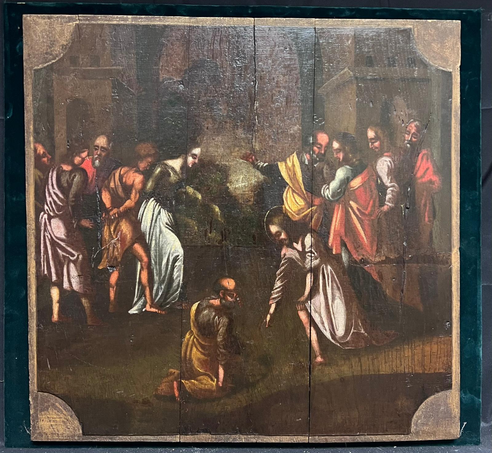 Grande peinture à l'huile hollandaise du 17ème siècle sur panneau de bois - Scène biblique - Painting de Dutch 17th Century