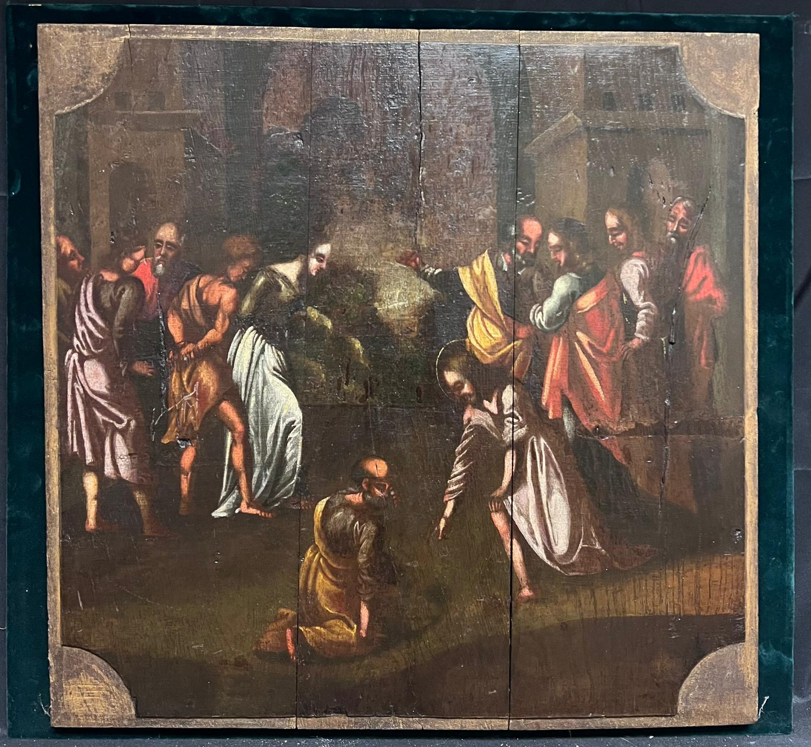 Grande dipinto a olio su pannello di legno di un vecchio maestro olandese del 17° secolo, scena biblica - Painting di Dutch 17th Century
