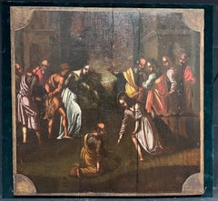 Large 17th Century Dutch Old Master Oil Painting on Wood Panel Biblical Scene