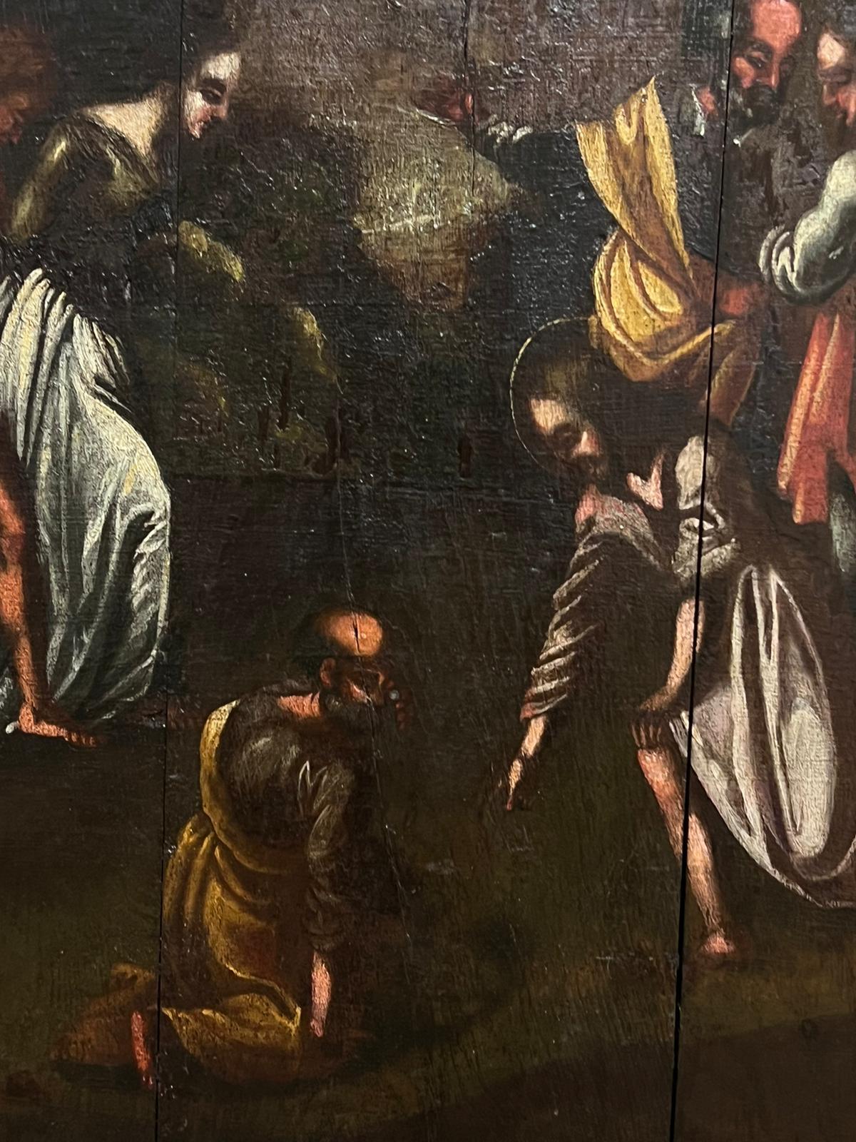 Grande peinture à l'huile hollandaise du 17ème siècle sur panneau de bois - Scène biblique - Maîtres anciens Painting par Dutch 17th Century