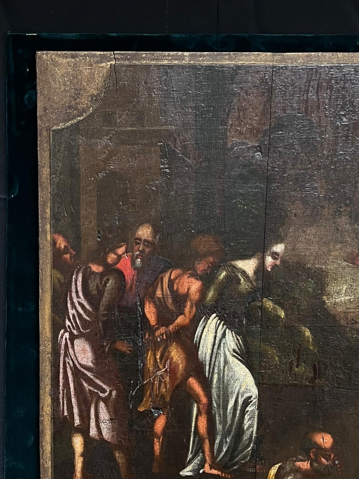 Figures bibliques, Grand rassemblement autour du Christ ?
Vieux maître hollandais, début du 17e siècle
peinture à l'huile sur panneau de bois, collée sur un support en velours
panneau de velours : 27 x 29 pouces
tableau : 25.5 x 26 pouces
provenance