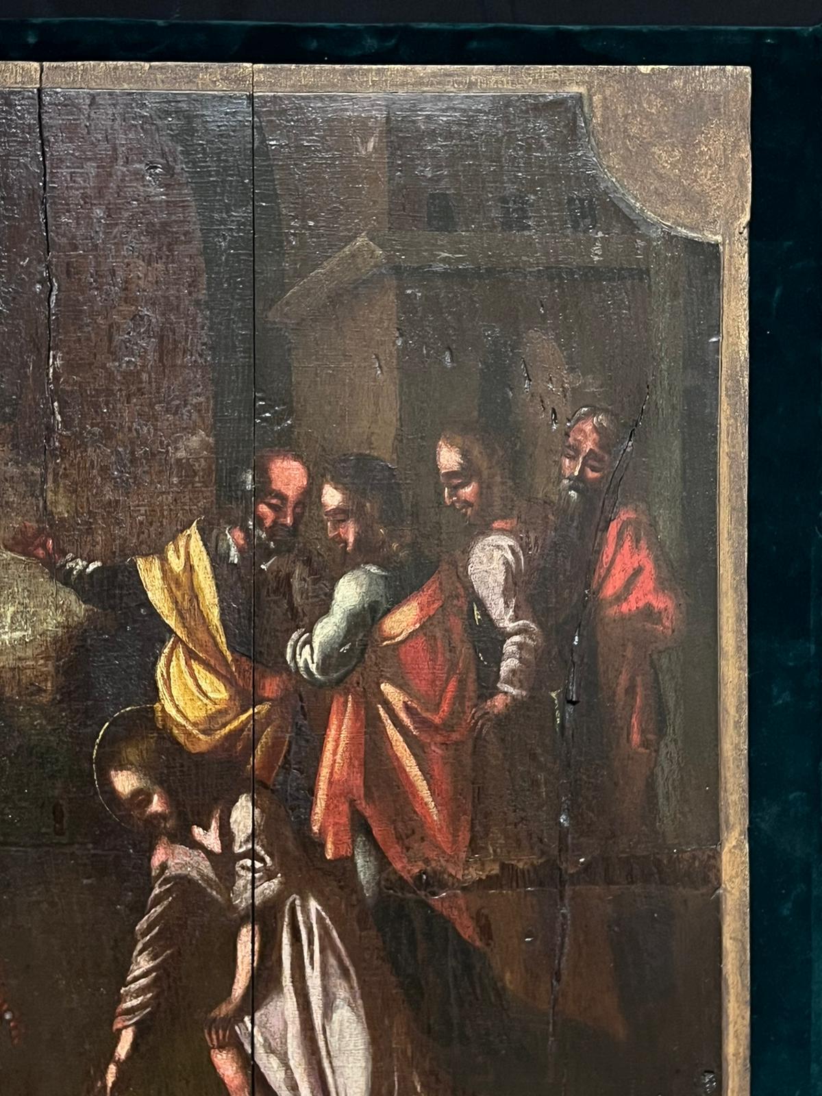 Biblical Figures, Large Gathering around Christ?
Dutch Old Master, early 17th century
oil painting on wood panel, stuck on velvet backing board
velvet board: 27 x 29 inches
board: 25.5 x 26 inches
provenance: private collection, France
condition: