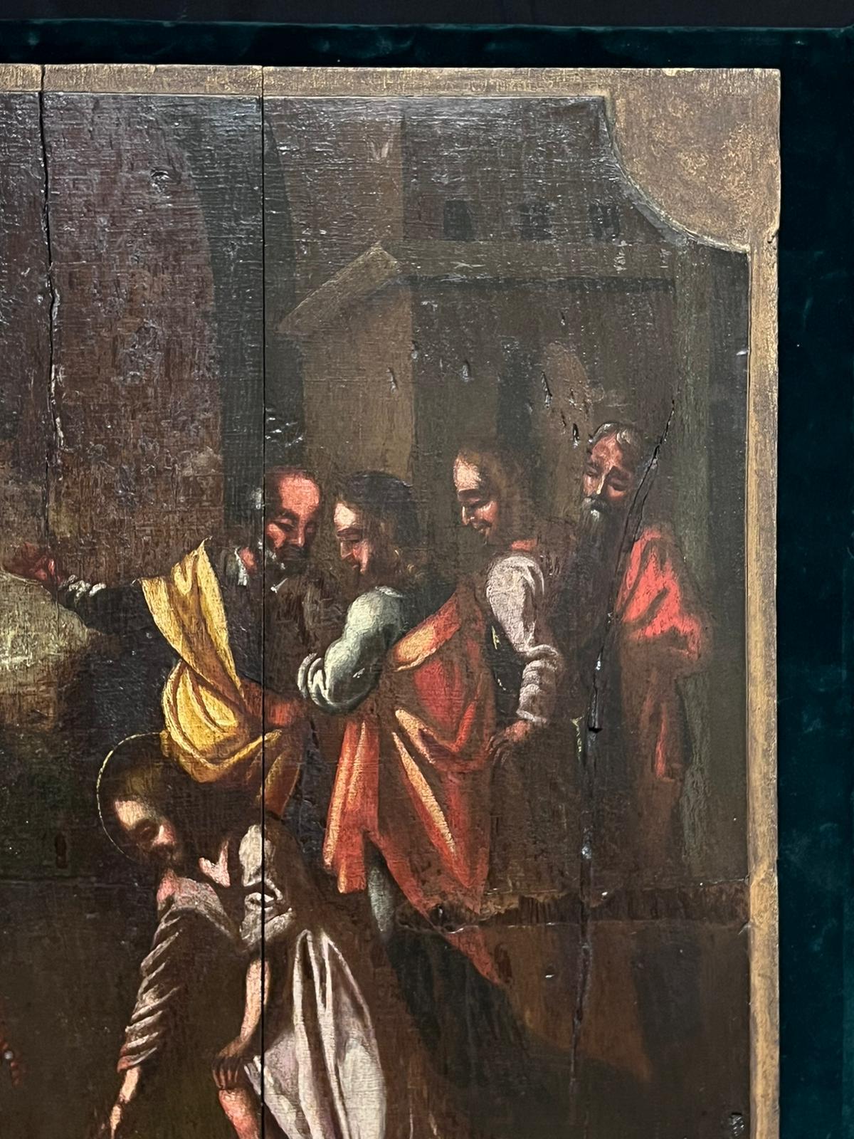 Figure bibliche, Grande raduno intorno a Cristo?
Antico Maestro olandese, inizio XVII secolo
dipinto a olio su pannello di legno, incollato su supporto di velluto
tavola di velluto: 27 x 29 pollici
tavola: 25,5 x 26 pollici
provenienza: collezione