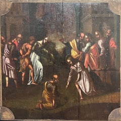 Grande peinture à l'huile hollandaise du 17ème siècle sur panneau de bois - Scène biblique