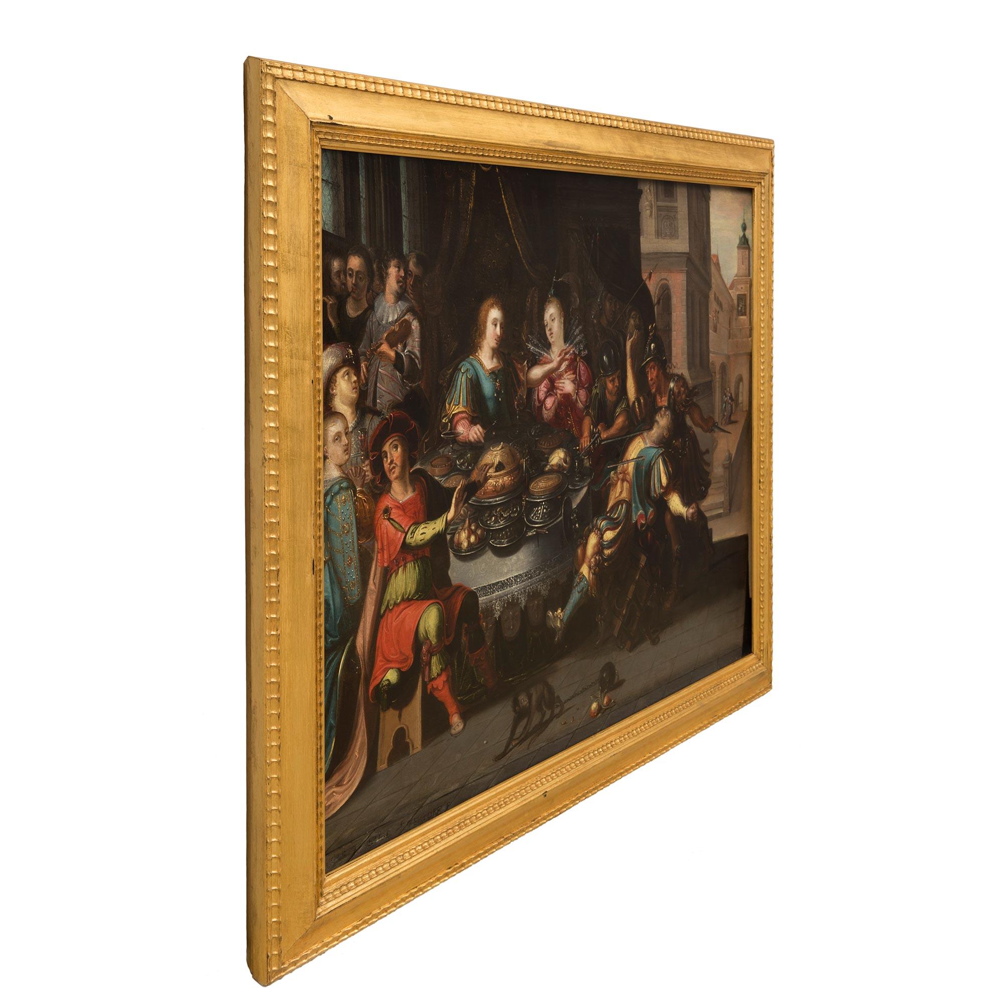 A sensational Dutch 17th century Oil on Wood painting in the manner of Frans Francken. The painting depicts the scene of a feast with a young male and female enjoying a feast while musicians are playing music in the background. To the left of the