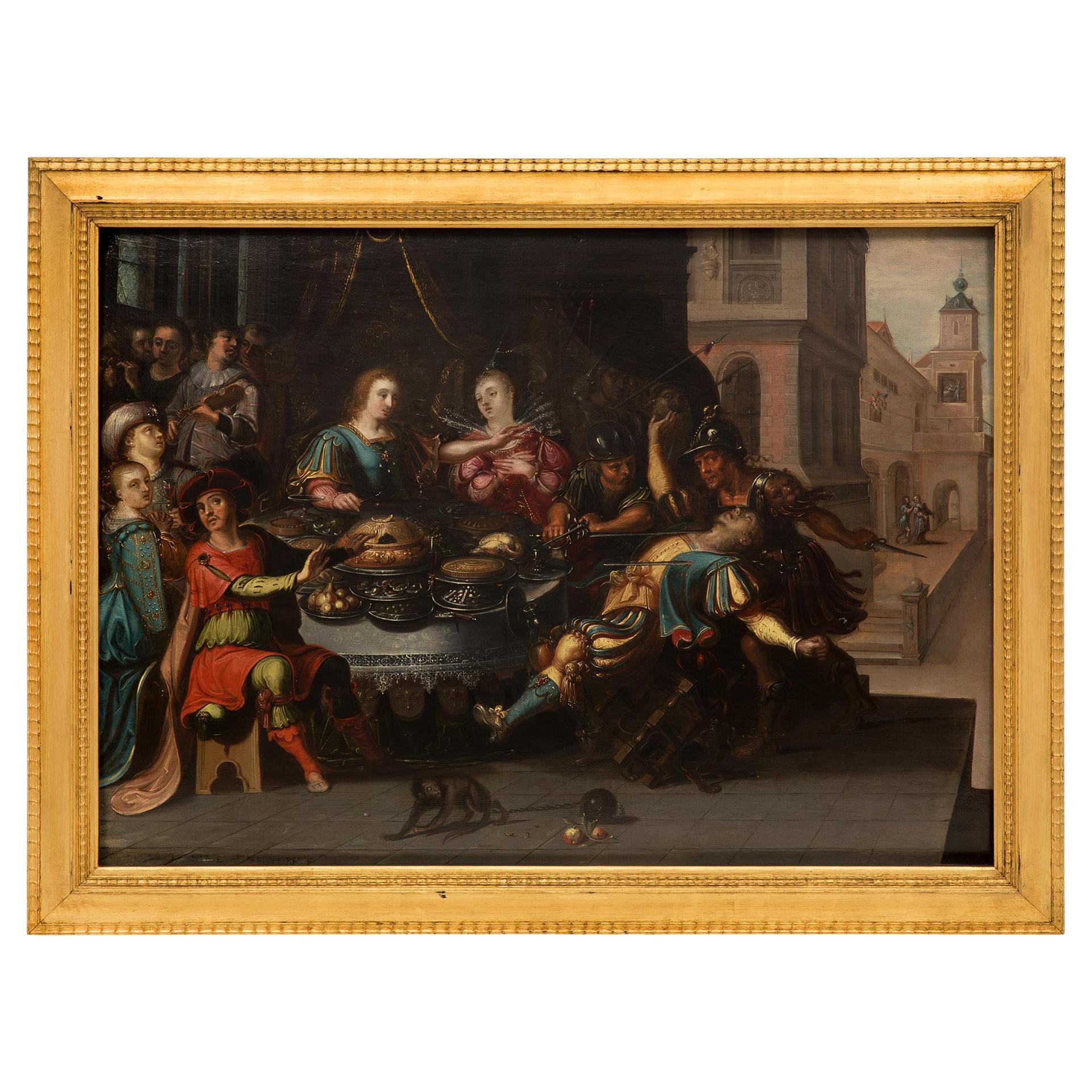 Peinture hollandaise du 17ème siècle à l'huile sur bois à la manière de Frans Francken