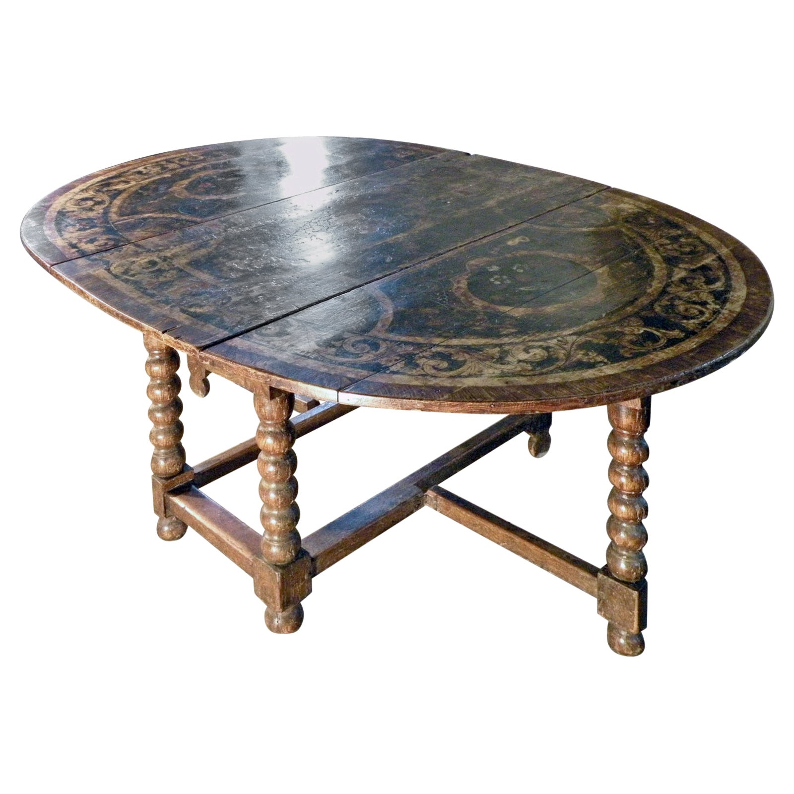 Dutch 17th Century Painted Large Oval Gate-Leg Dining Table