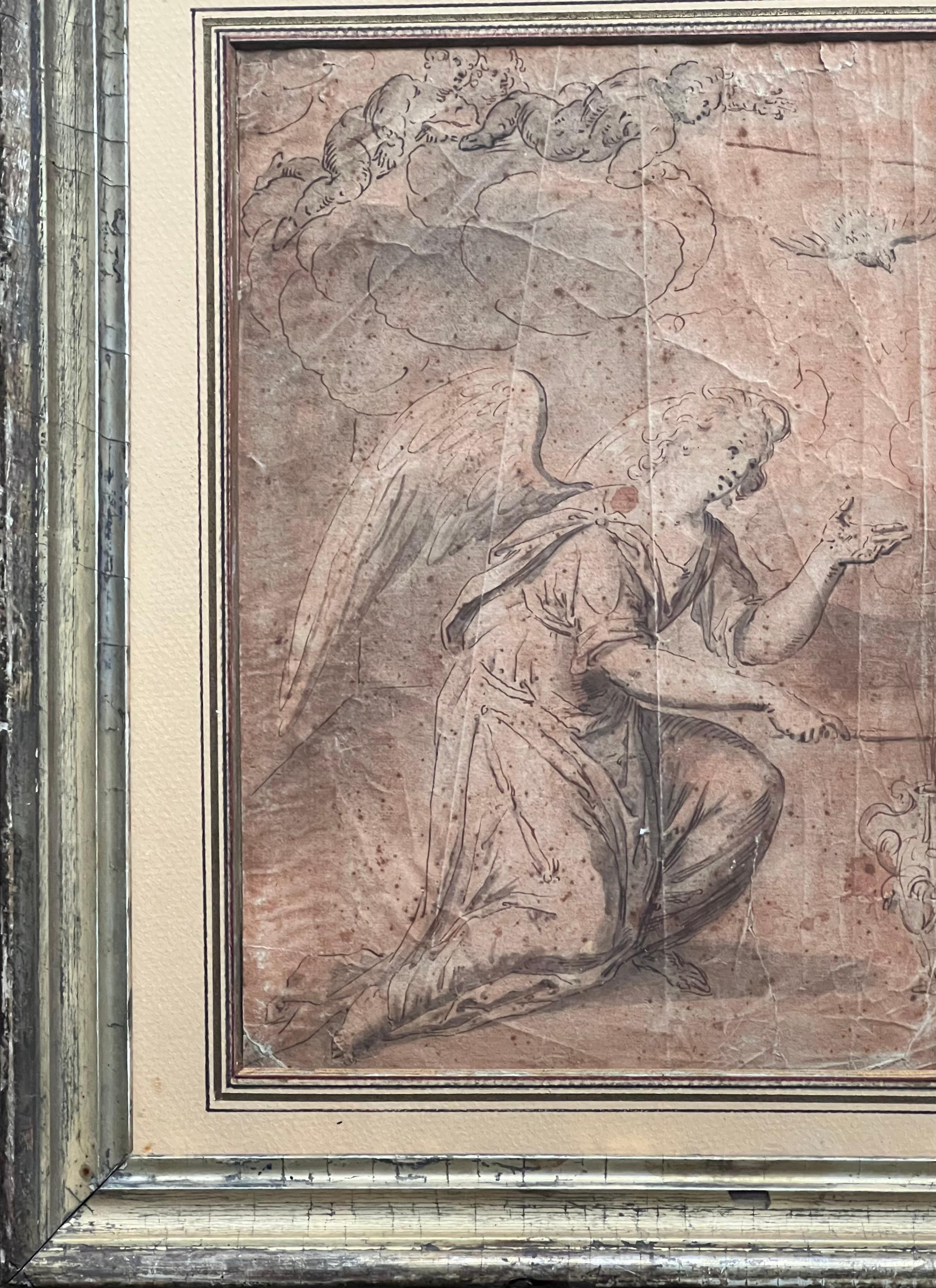 Antiguo dibujo holandés a tinta y aguada del siglo XVII Ángel visitante - Painting de Dutch, 17th century