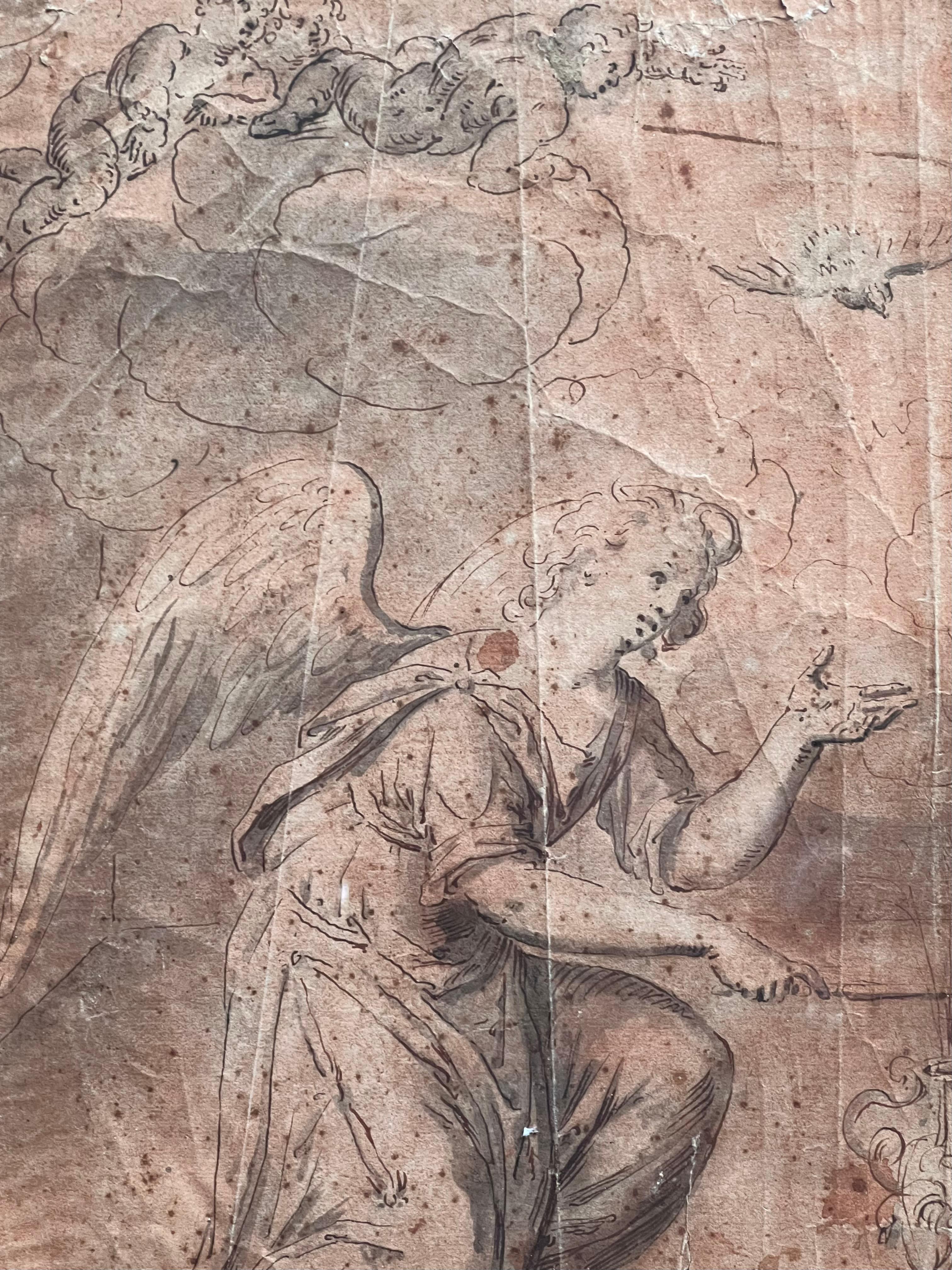 Antiguo dibujo holandés a tinta y aguada del siglo XVII Ángel visitante - Figurative Painting Marrón de Dutch, 17th century
