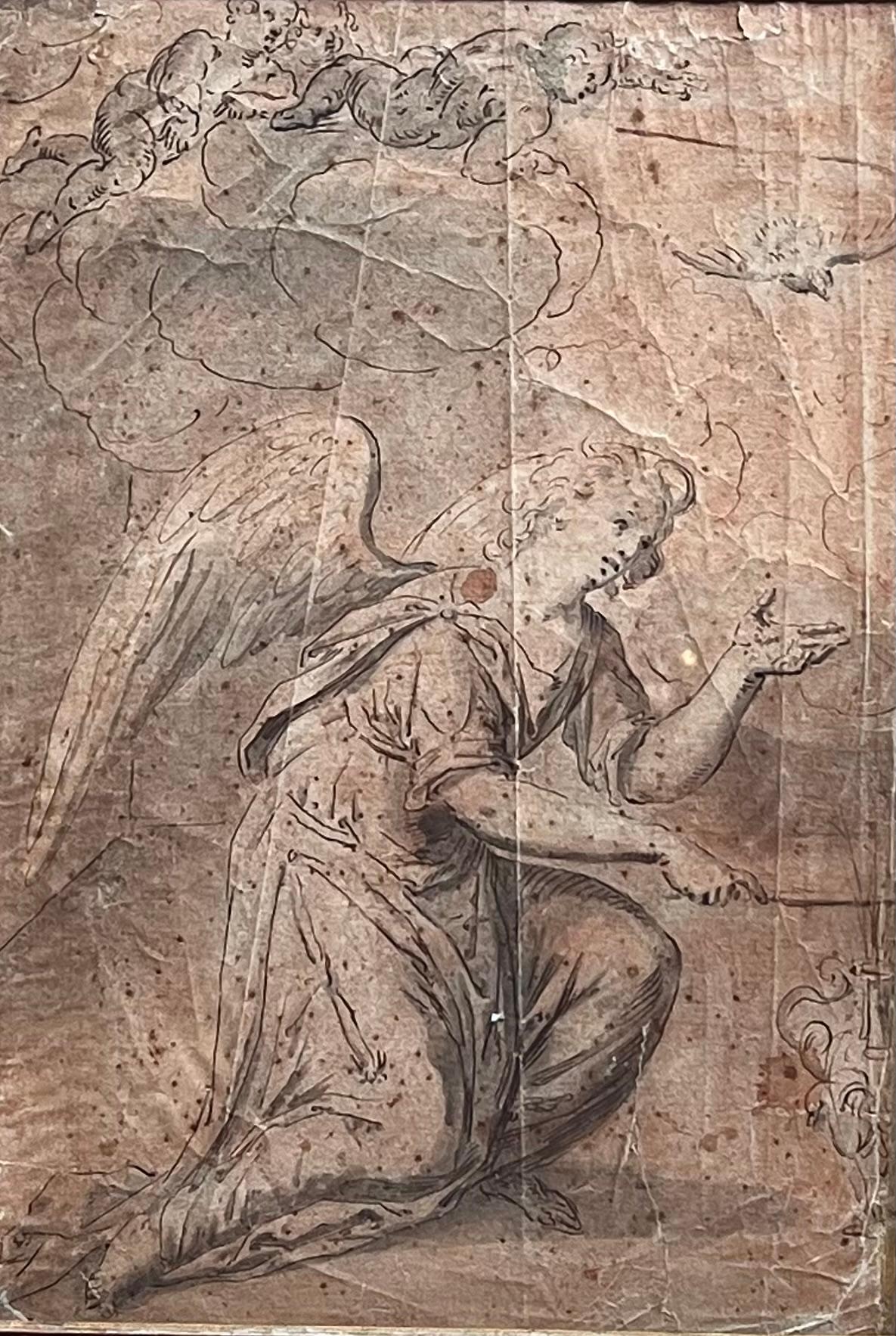 El Ángel
Viejo maestro holandés, siglo XVII
lavado con dibujo a lápiz sobre papel de artista, enmarcado
Revestimiento de cristal
enmarcado: 14 x 12,5 pulgadas
tablero: 12,5 x 9,5 pulgadas
estado: arrugas y manchas en el papel relacionadas con la