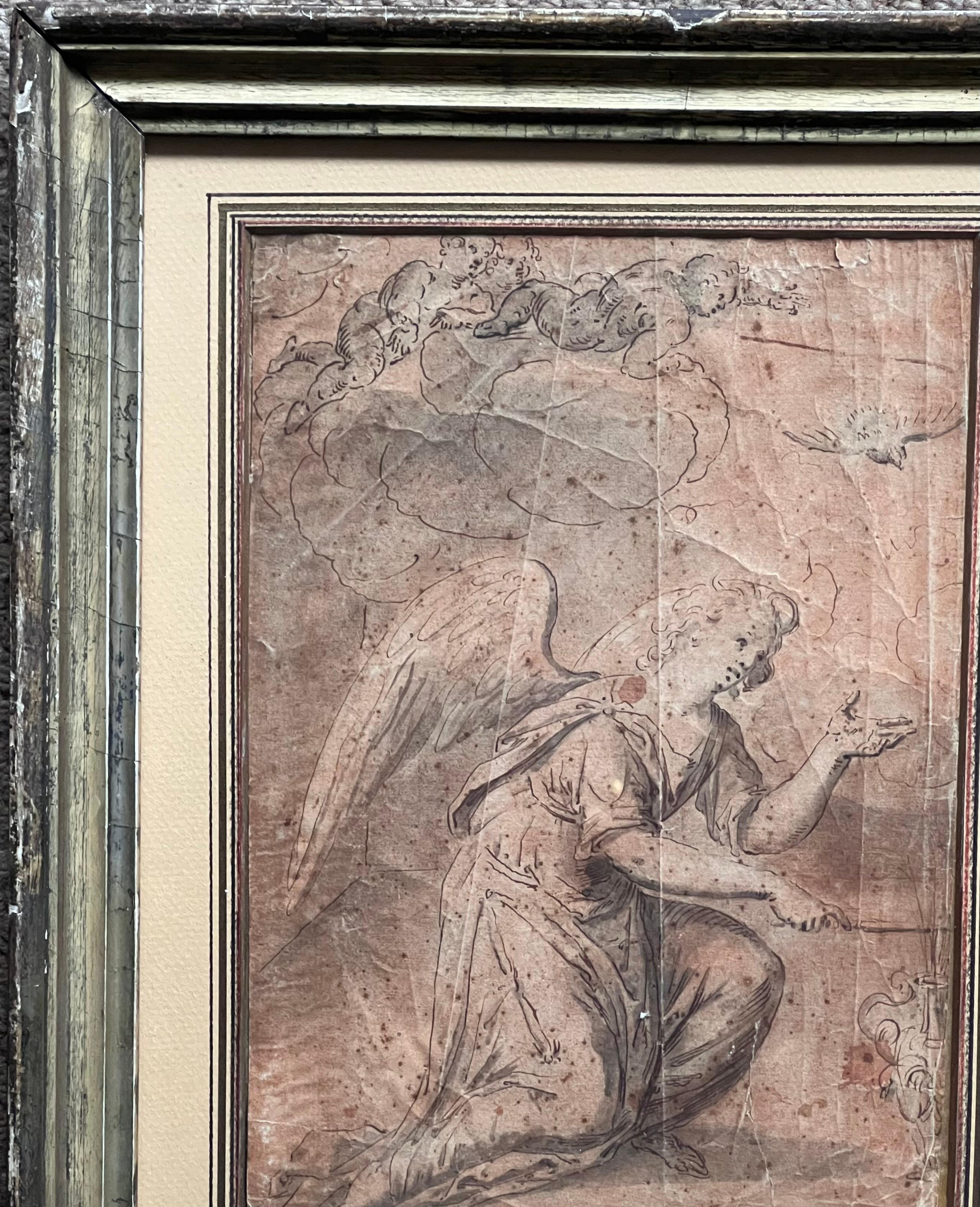 Antiguo dibujo holandés a tinta y aguada del siglo XVII Ángel visitante en venta 1