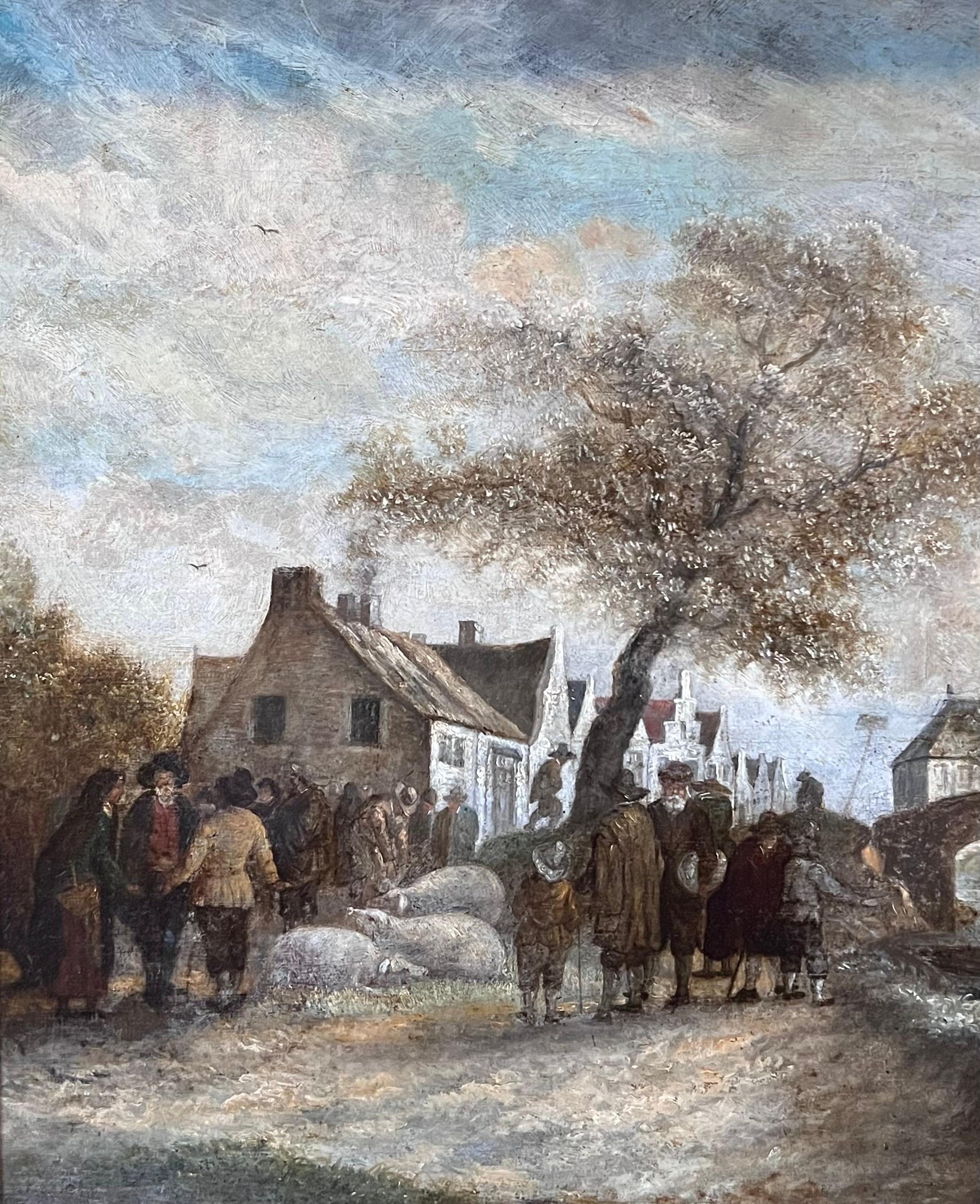 Pintura al óleo holandesa de principios del siglo XIX de gran calidad QUality Farmers Market Gathering Figures - Painting de Dutch 1800's